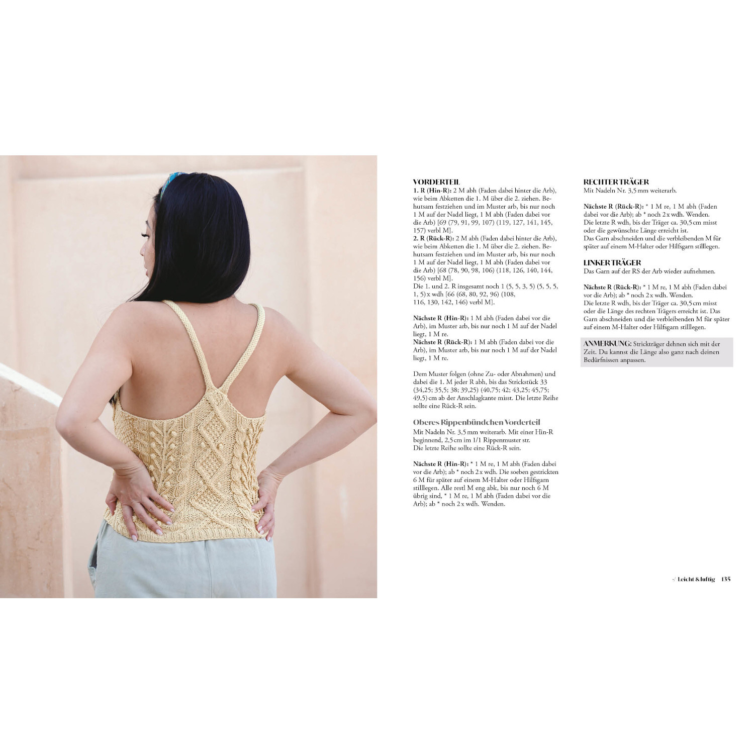 Moderne Zopfmuster stricken von Edition Michael Fischer Moderne Zopfmuster stricken: Frau trägt gelbes Stricktop mit Zopfmuster. Anleitung von EMF.