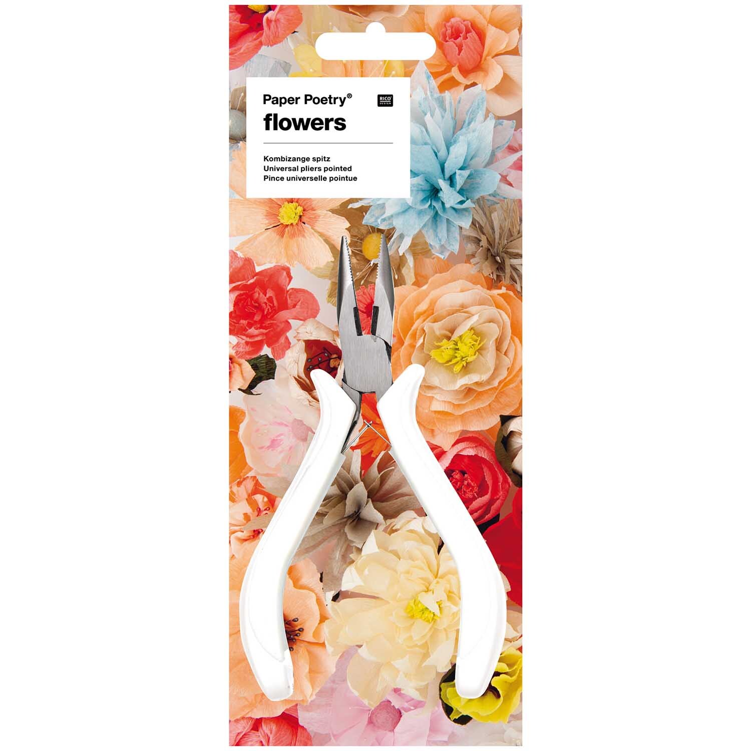 Paper Poetry Zange spitz weiß 13cm vor einem Hintergrund aus bunten Blumen, ideal für präzise Bastelarbeiten.