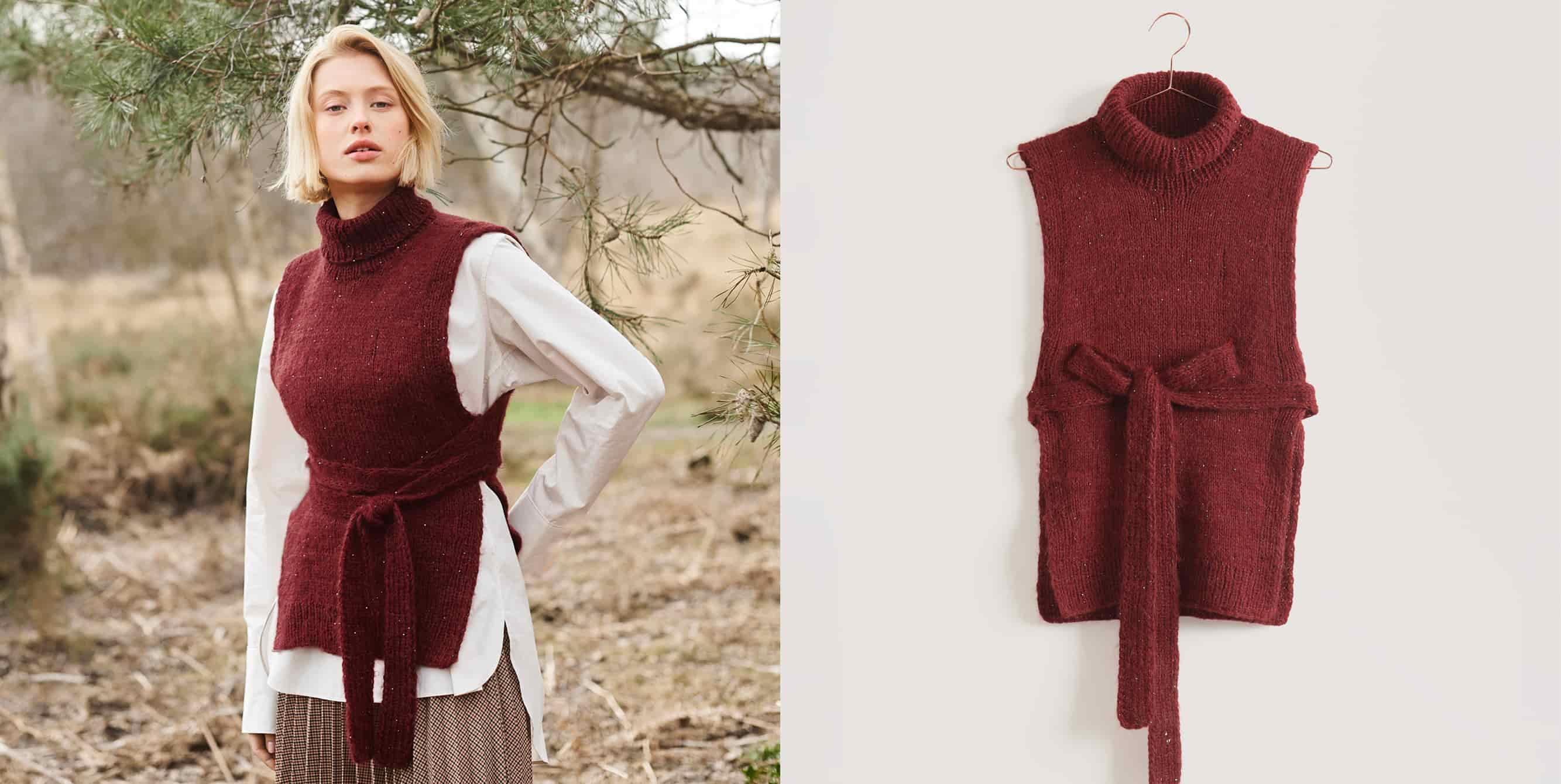 Gestrickter Pullunder Modell 33 aus Lovewool No. 21 getragen an weiblichem Model und auf einem Bügel