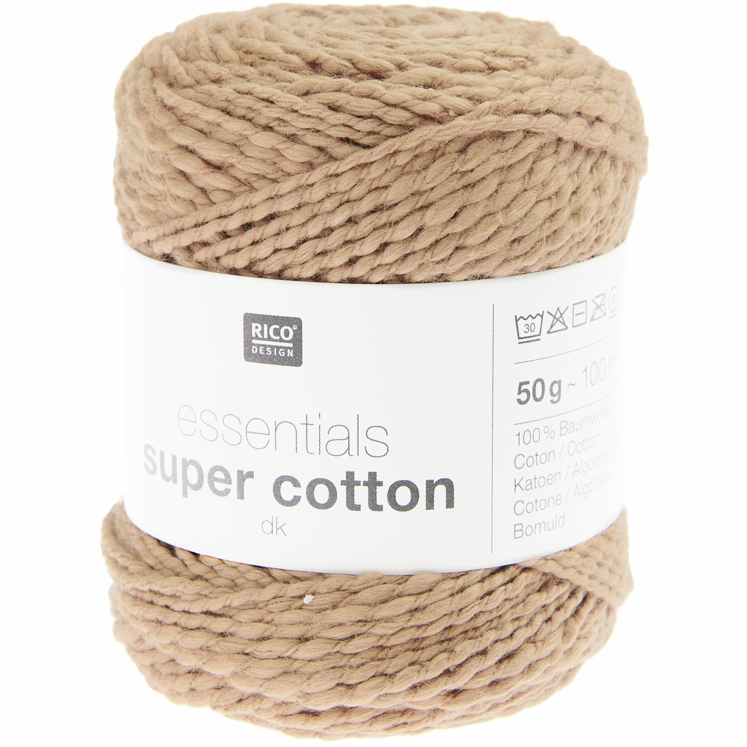 Essentials Super Cotton dk: Beigefarbene Baumwollgarnrolle von Rico Design, 50g, 100m. Ideal für Strick- und Häkelprojekte.