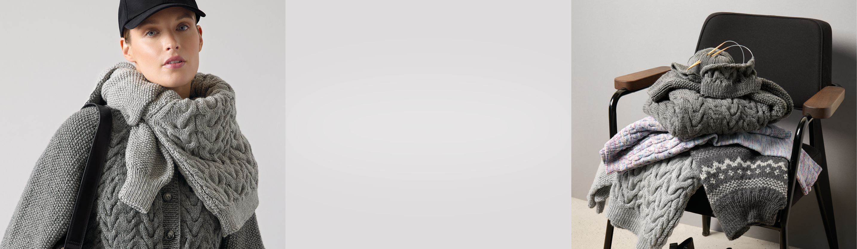 Eine Frau trägt einen grauen gestrickten Cardigan, daneben ein grauer Farbausschnitt und daneben, ein Stuhl mit Pullovern und Jacken aus grauem Garn gestrickt.