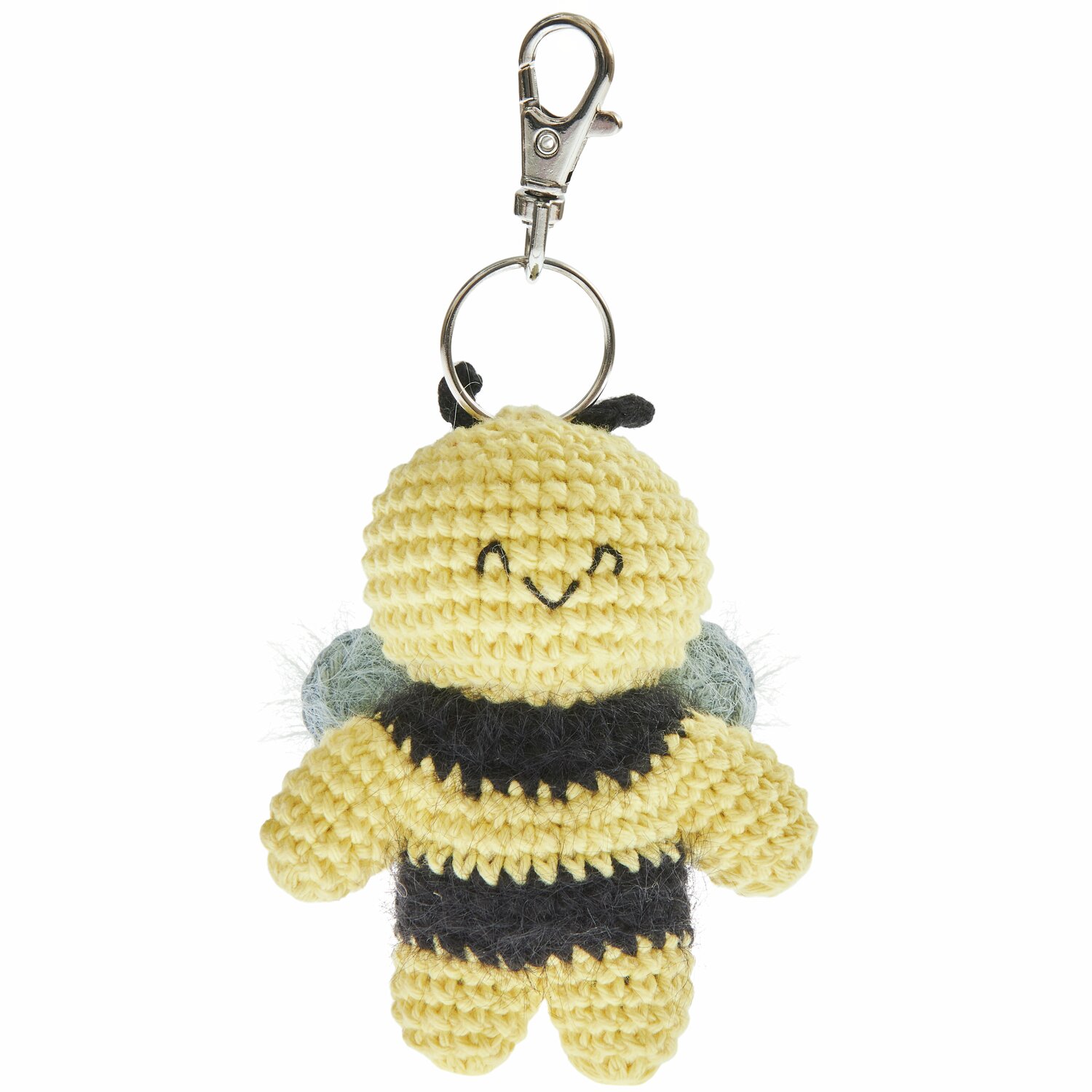 Ricorumi Häkelset Schlüsselanhänger - Chingu Sky: Gelber Bienen-Anhänger mit schwarzem Streifenmuster und Metallclip. Ideal für Taschen oder Schlüssel.