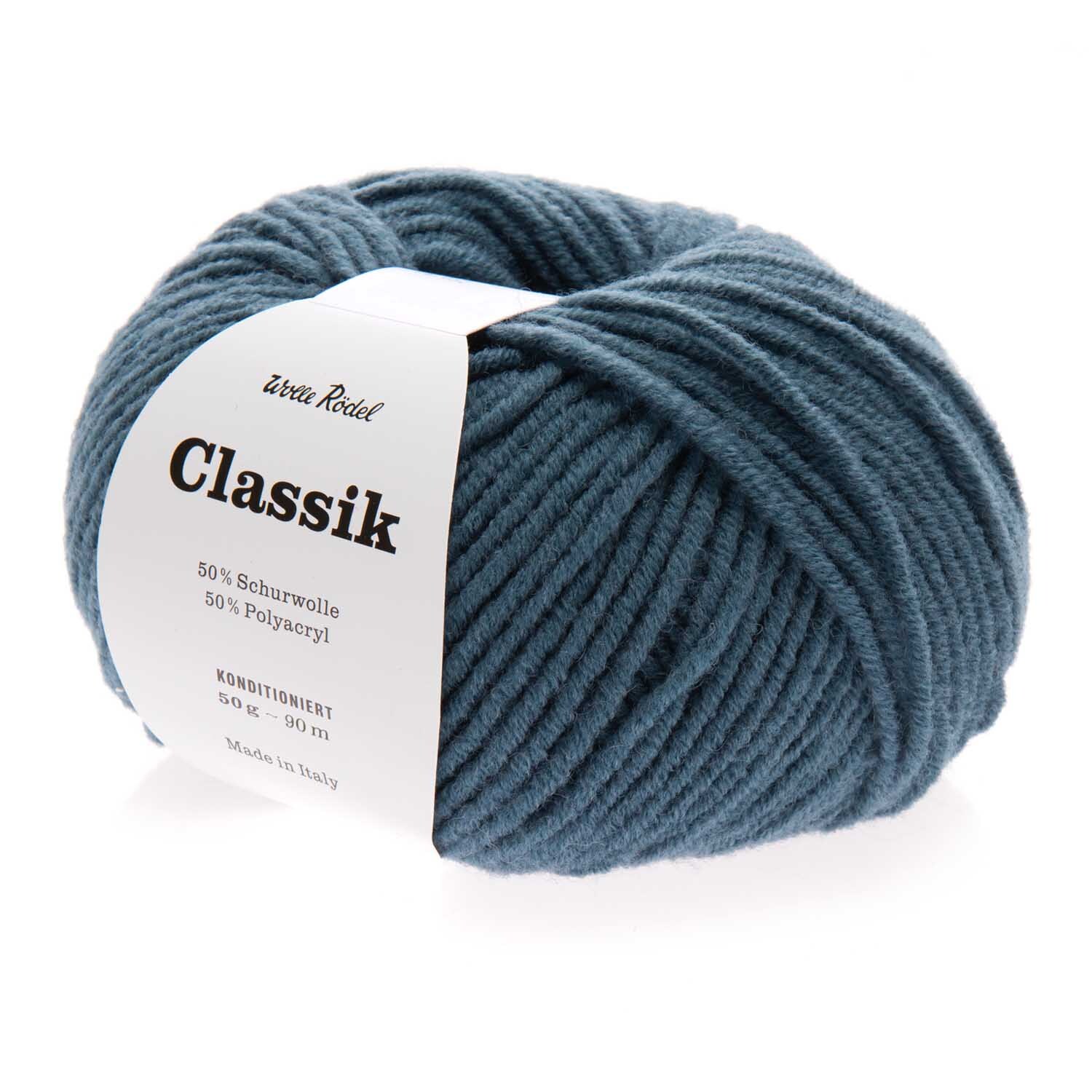 Classik Wolle in Dunkeljeans von Wolle Rödel, 50g Knäuel, 90m Länge, ideal für Strickprojekte.