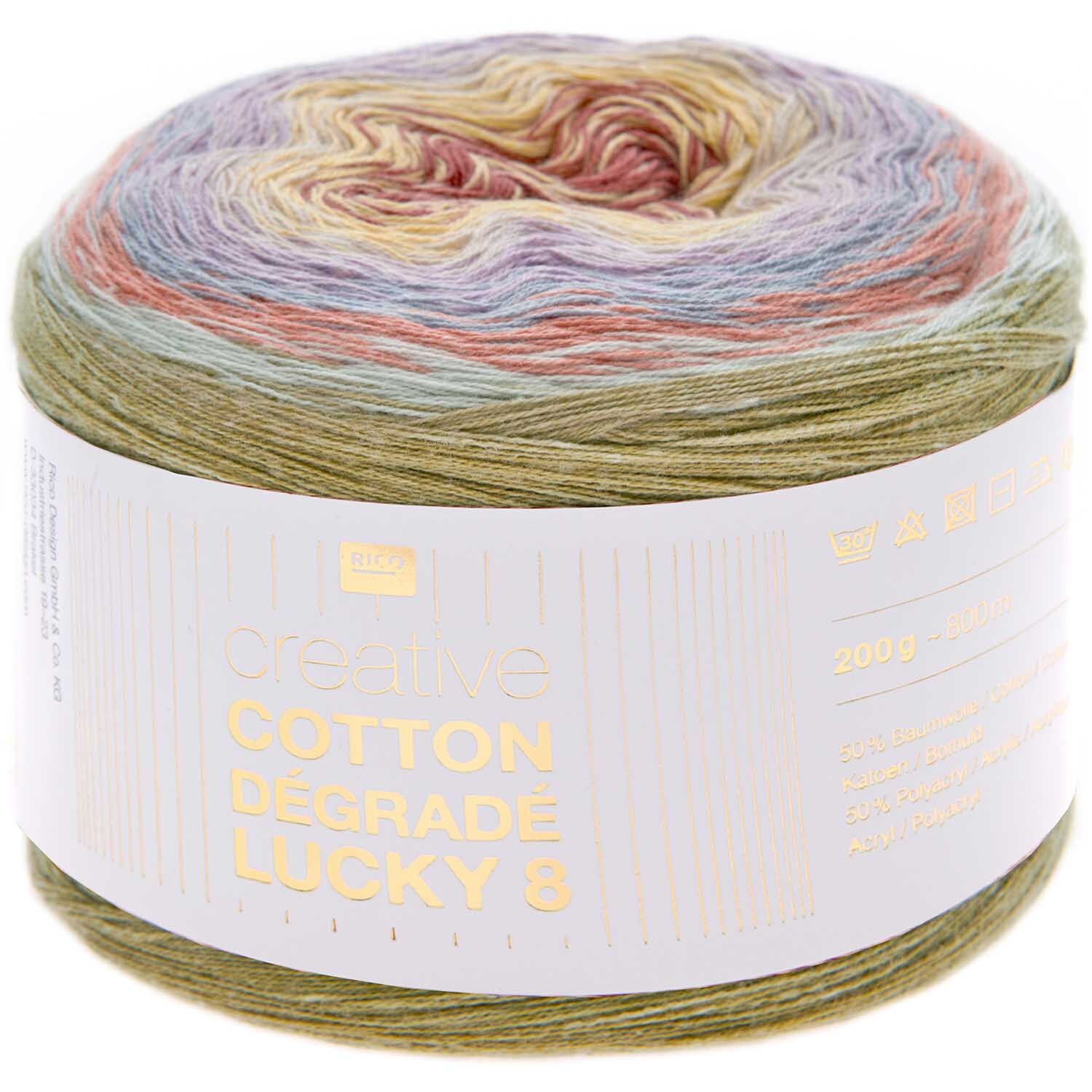 Creative Cotton Dégradé Lucky 8: Farbverlaufsgarn in Rot-Flieder von Rico Design, 200g, 800m. Ideal für kreative Strickprojekte.