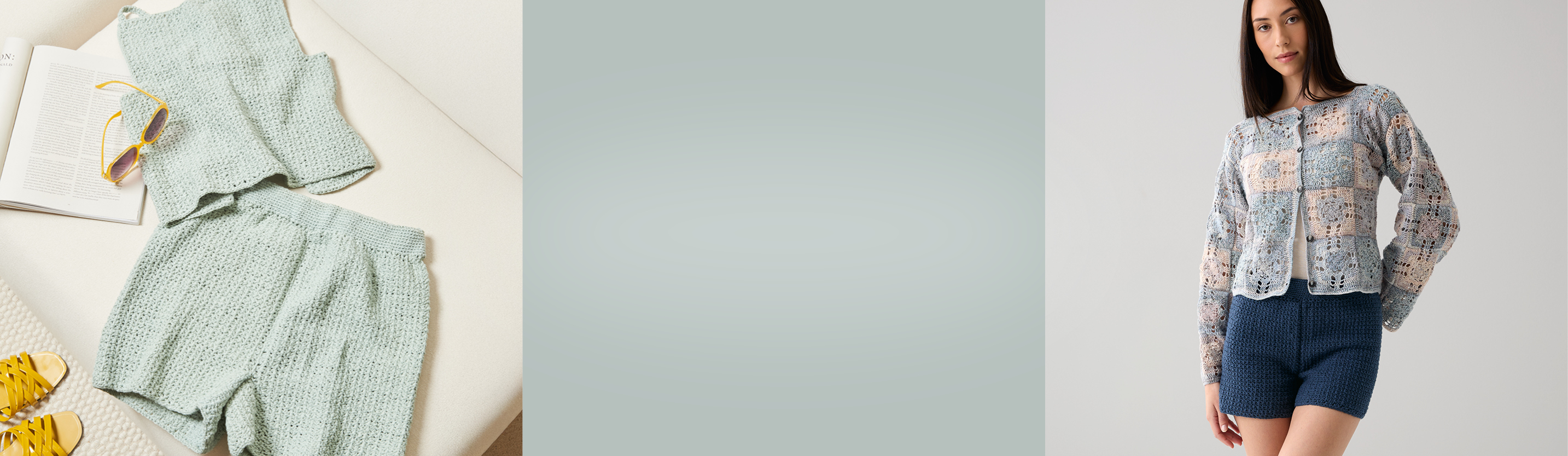 Eine gehäkelte Hose und Top in einem hellen Türkis, daneben ein Farbausschnitt in Türkis und daneben eine Frau mit einer gehäkelten Jacke in unterschiedlichen Farben