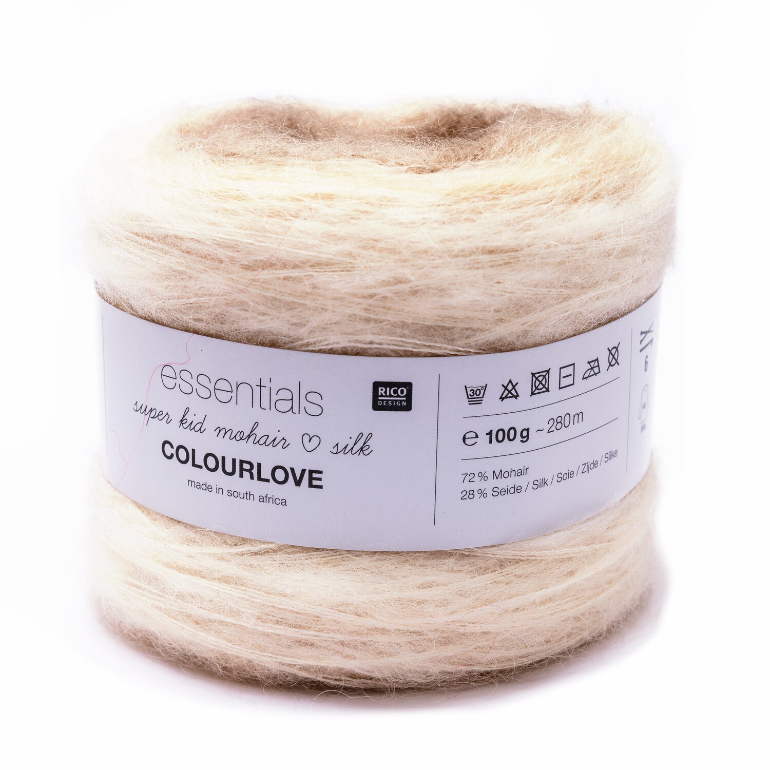 Essentials Super Kid Mohair Loves Silk Colourlove 100g 265m Farbe Natur von Rico Design Essentials Super Kid Mohair Loves Silk Colourlove, weiches Garn in Naturtönen, 100g, 265m, ideal für luxuriöse Strickprojekte.