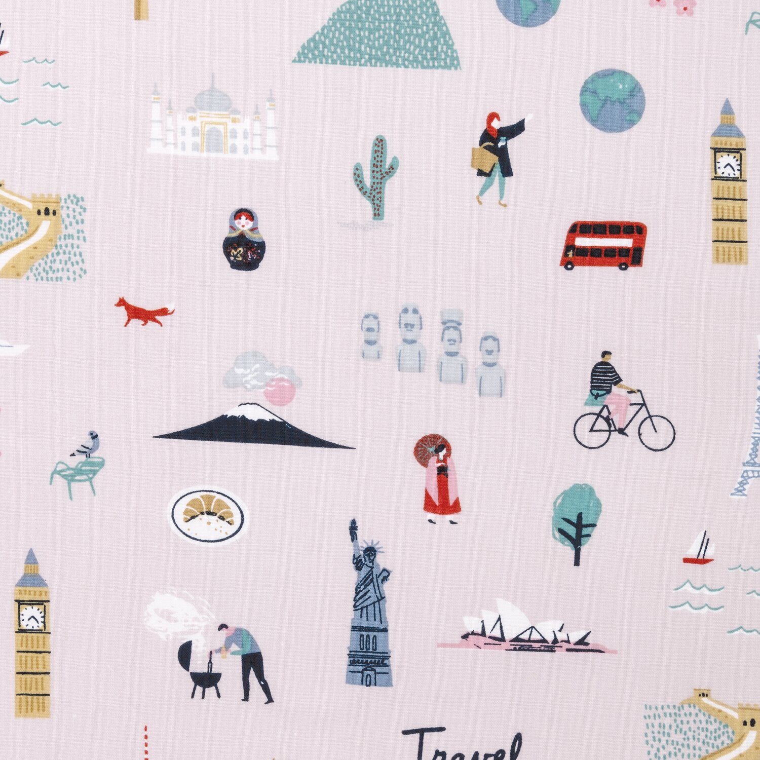 Druckstoff Travel the World flieder zeigt ikonische Sehenswürdigkeiten und Reisemotive auf fliederfarbenem Hintergrund. Ideal für kreative Nähprojekte.