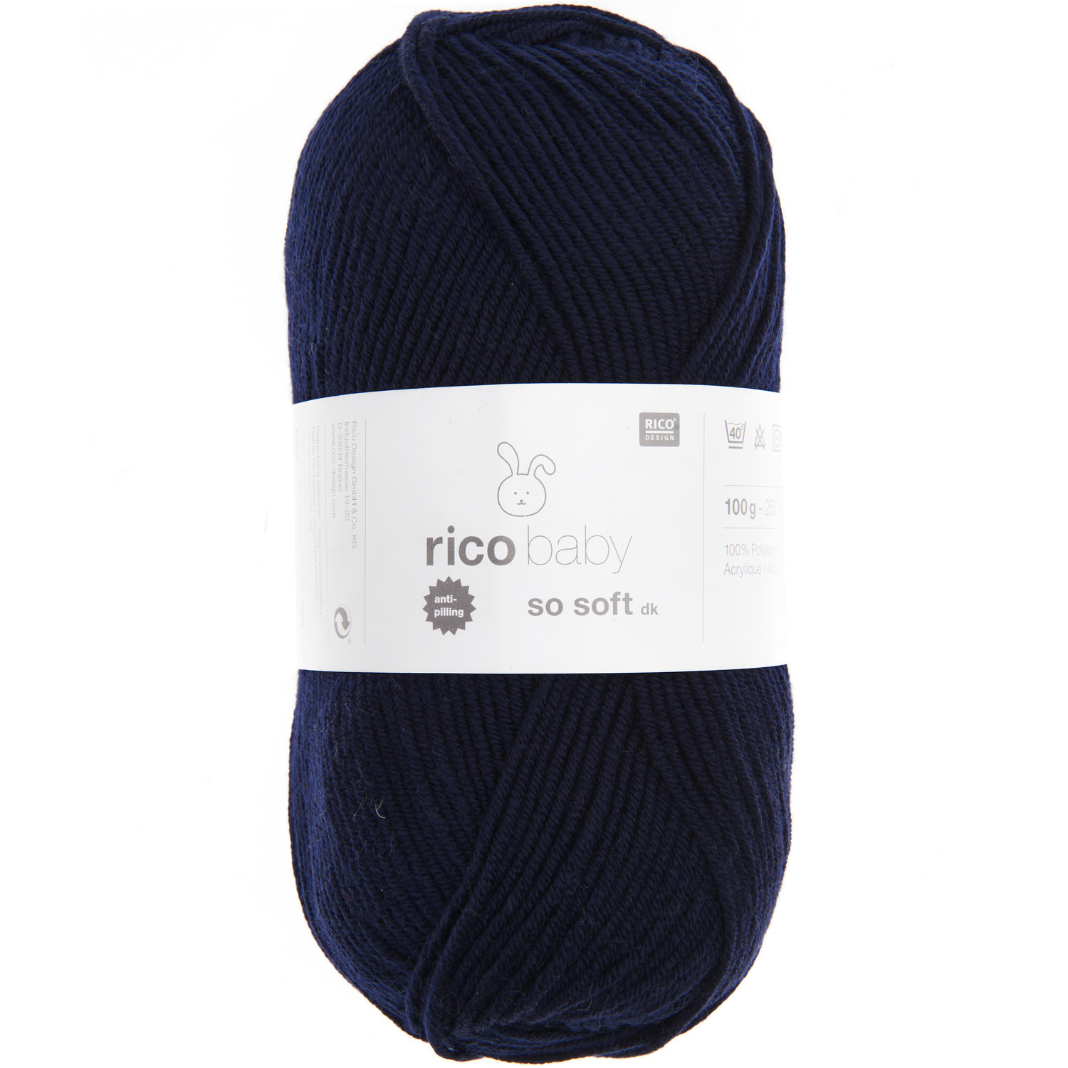 Rico Baby So Soft dk Wolle in tiefem Blau, 100g, 250m, ideal für weiche Babybekleidung.