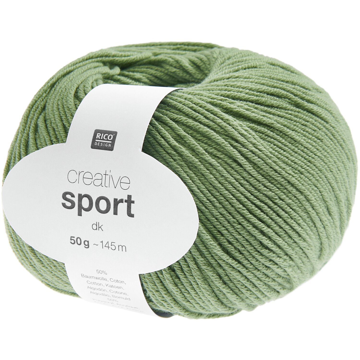 Creative Sport dk, Rico Design: Grünes Garnknäuel, 50g, 145m, ideal für Strickprojekte.