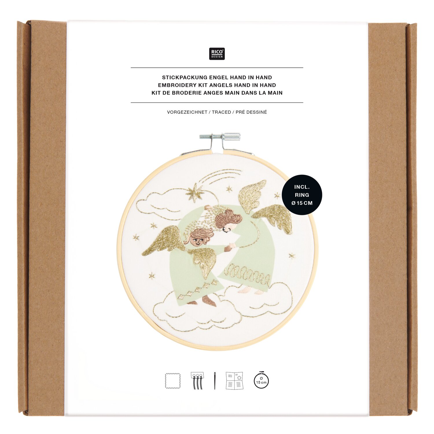Stickpackung vorgezeichnet Engel Hand in Hand Ø15cm von Rico Design