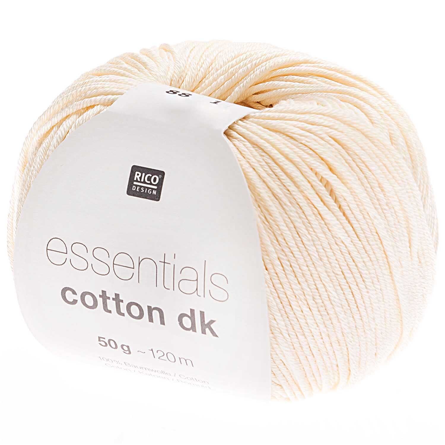 Essentials Cotton dk, Sahne, 50g 120m. Weiches Garn von Rico Design, ideal für Strickprojekte.