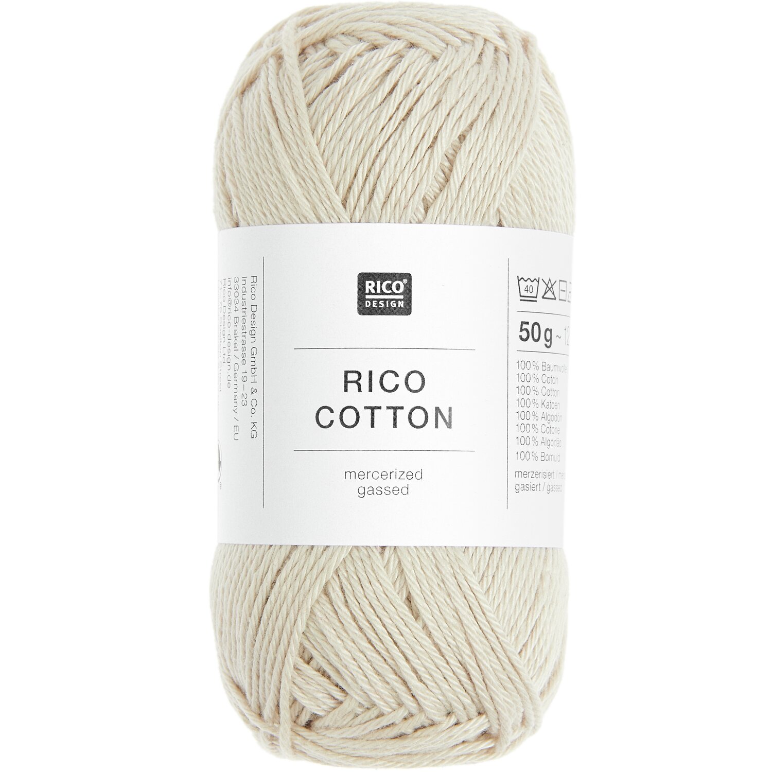 Rico Cotton, mercerisiert und gasiert, in Haferflocke. 50g Knäuel mit 125m Lauflänge. Ideal für Strick- und Häkelprojekte.