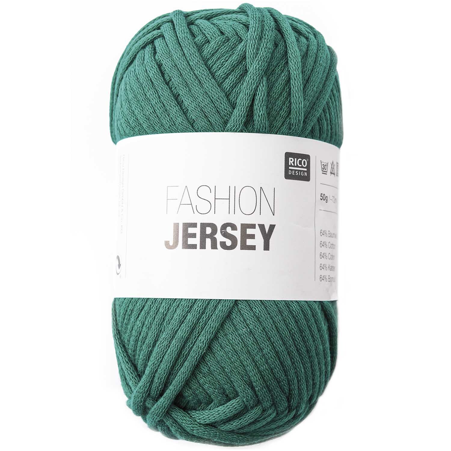 Fashion Jersey: Grünes Garn von Rico Design, 50g, 72m, ideal für kreative Strickprojekte.