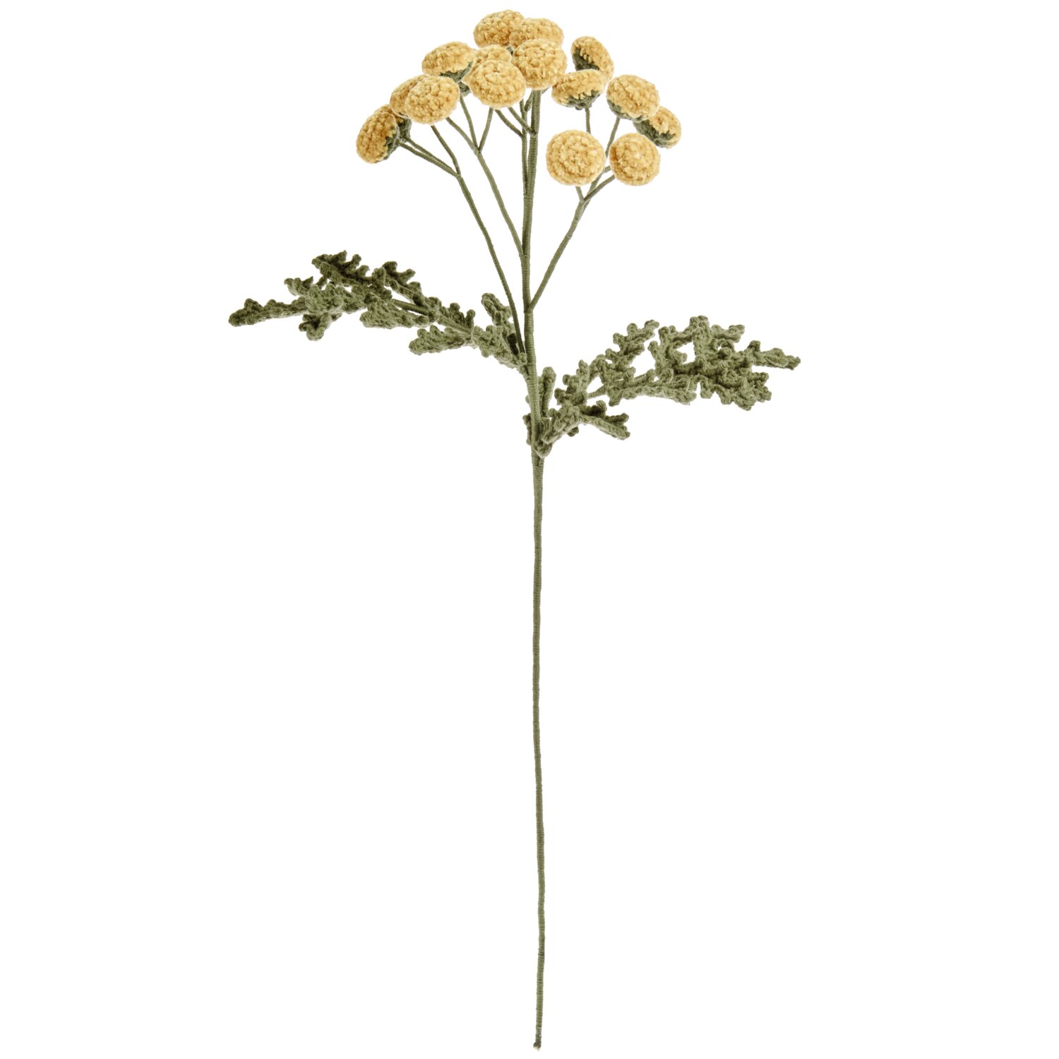 Ricorumi In the Meadow, gehäkelter Zweig mit gelben Blütenköpfen und olivfarbenen Blättern von Rico Design, dekorative Häkelblume für kreative Projekte