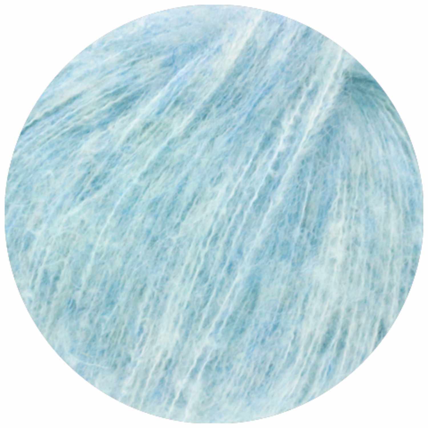 Bella 25g 250m Farbe Hellblau von LANA GROSSA Mode mit Wolle Handels- und Vertriebs Bella Wolle von Lana Grossa in zartem Hellblau, 25g 250m, zeigt weiche, flauschige Textur.