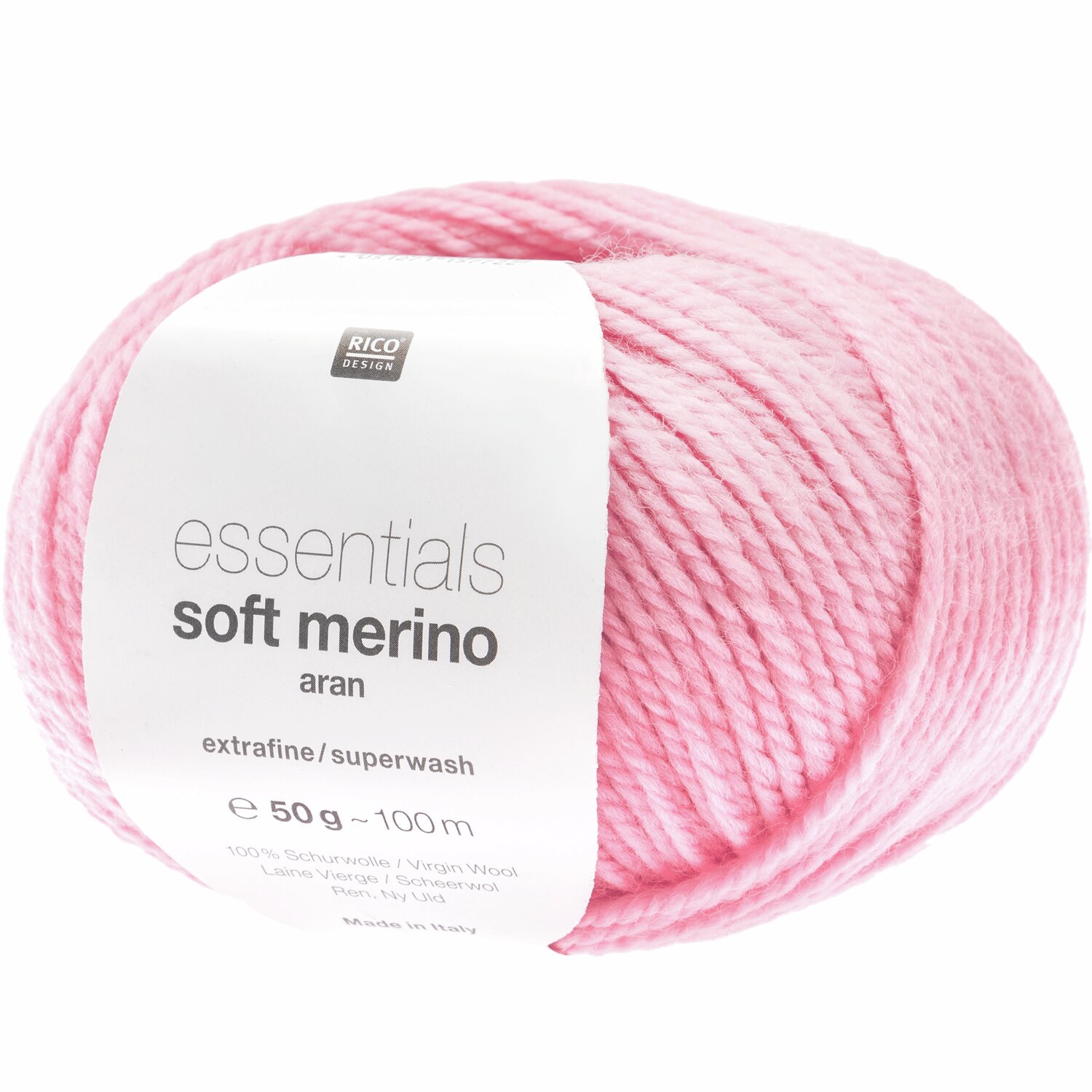 Essentials Soft Merino aran Wolle in Blütenrosa von Rico Design, 50g Knäuel, ideal für Strickprojekte.