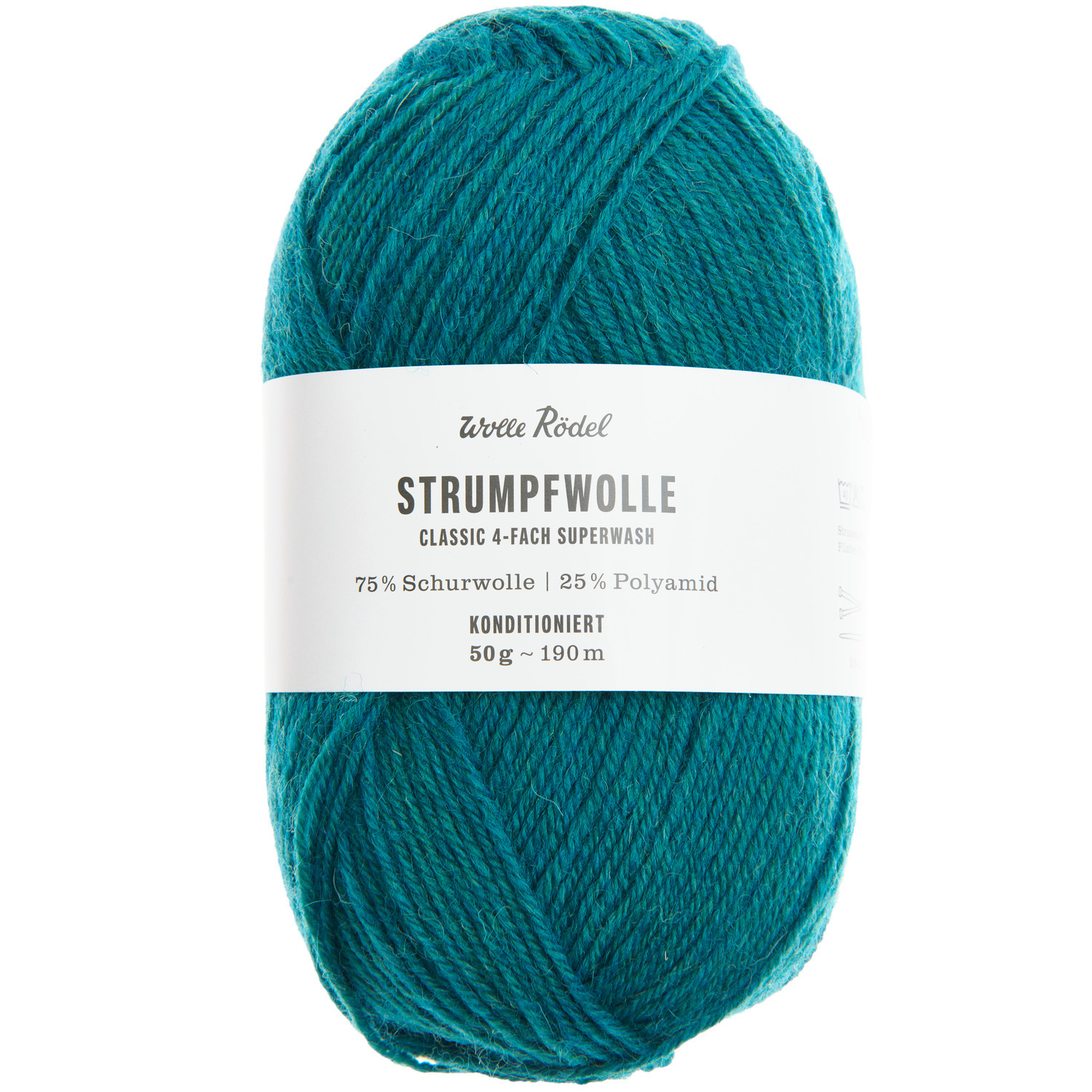 Strumpfwolle Classic 4fädig in Türkis von Wolle Rödel, 50g Knäuel mit 190m Länge, ideal zum Stricken.