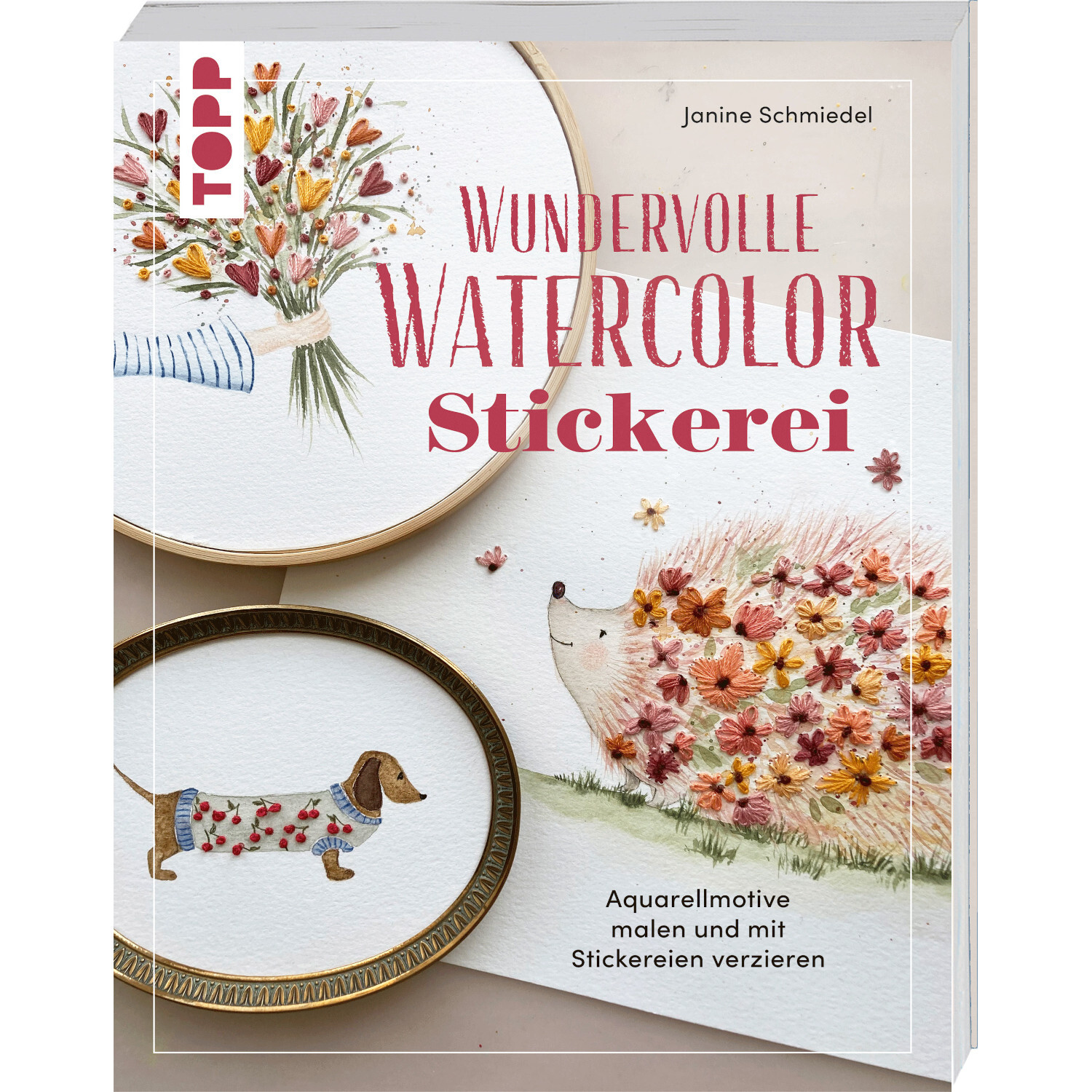 Wundervolle Watercolor Stickerei: Buchcover mit Stickerei-Motiven von Tieren und Blumen. Marke TOPP.