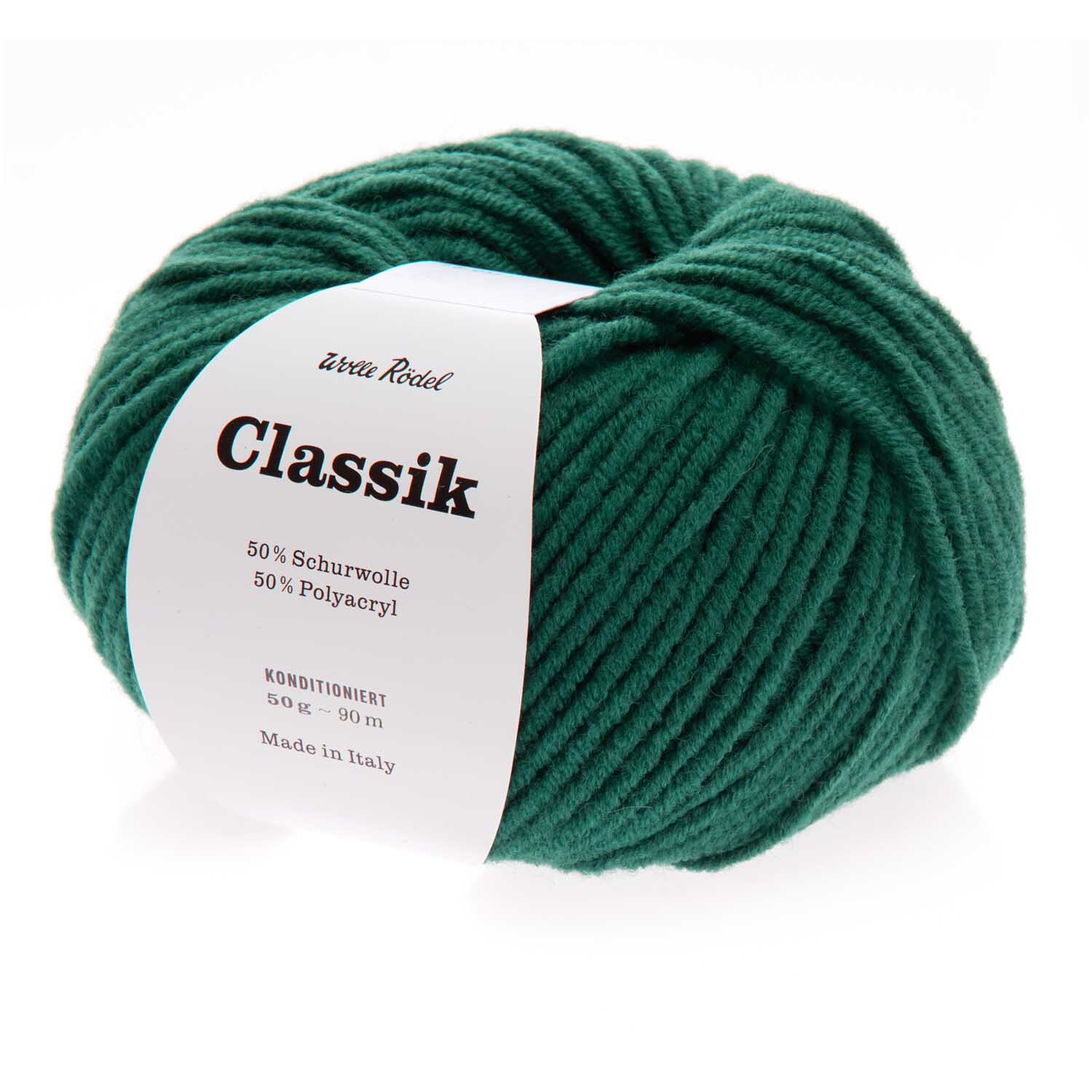 Classik 50g 90m Farbe Grün von idee. Creativmarkt Classik Wolle in Grasgrün von Wolle Rödel, 50g Knäuel, ideal für Strickprojekte.