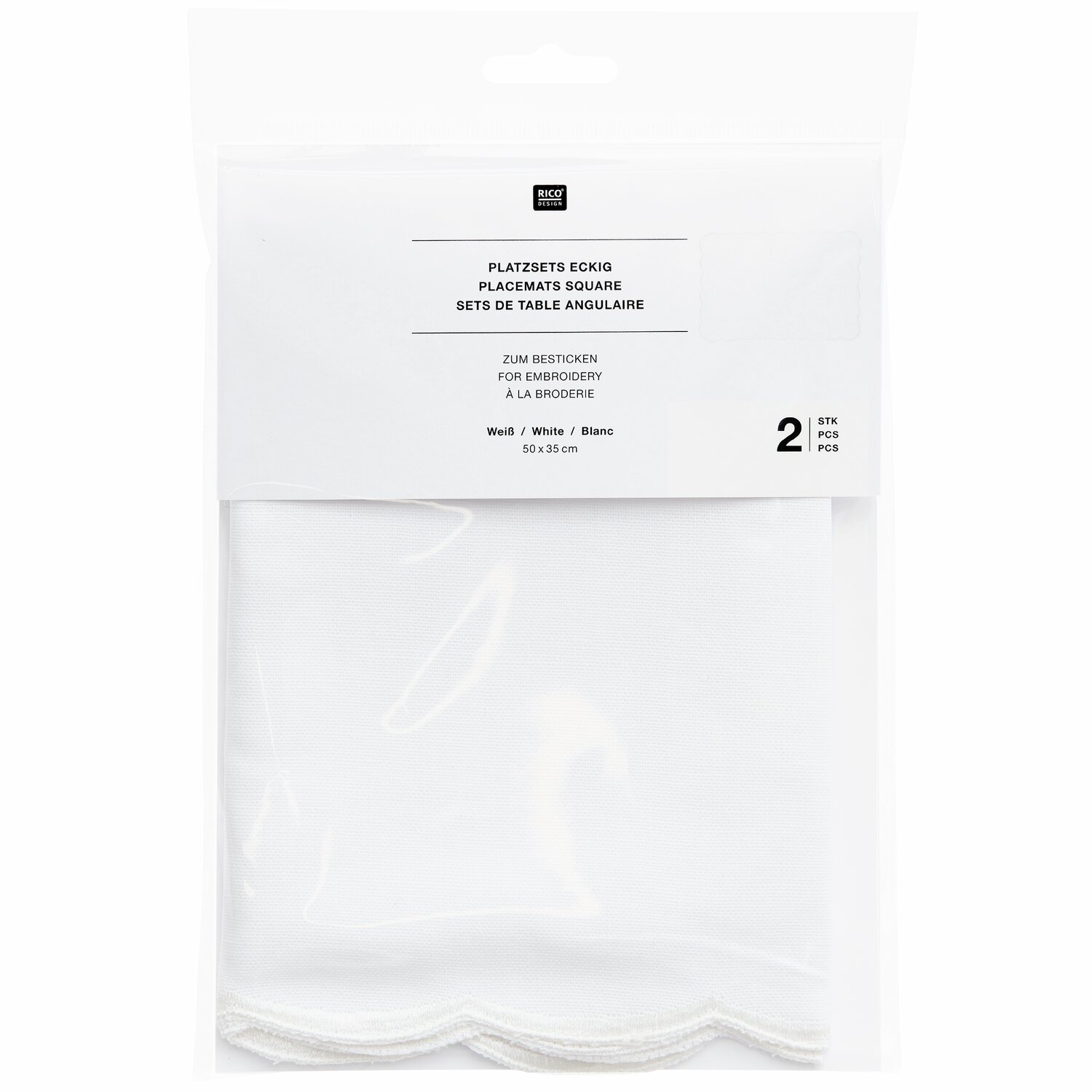 Platzsets eckig Weiß 2 Stück von Rico Design, verpackt in transparenter Hülle, Größe 50x35cm.