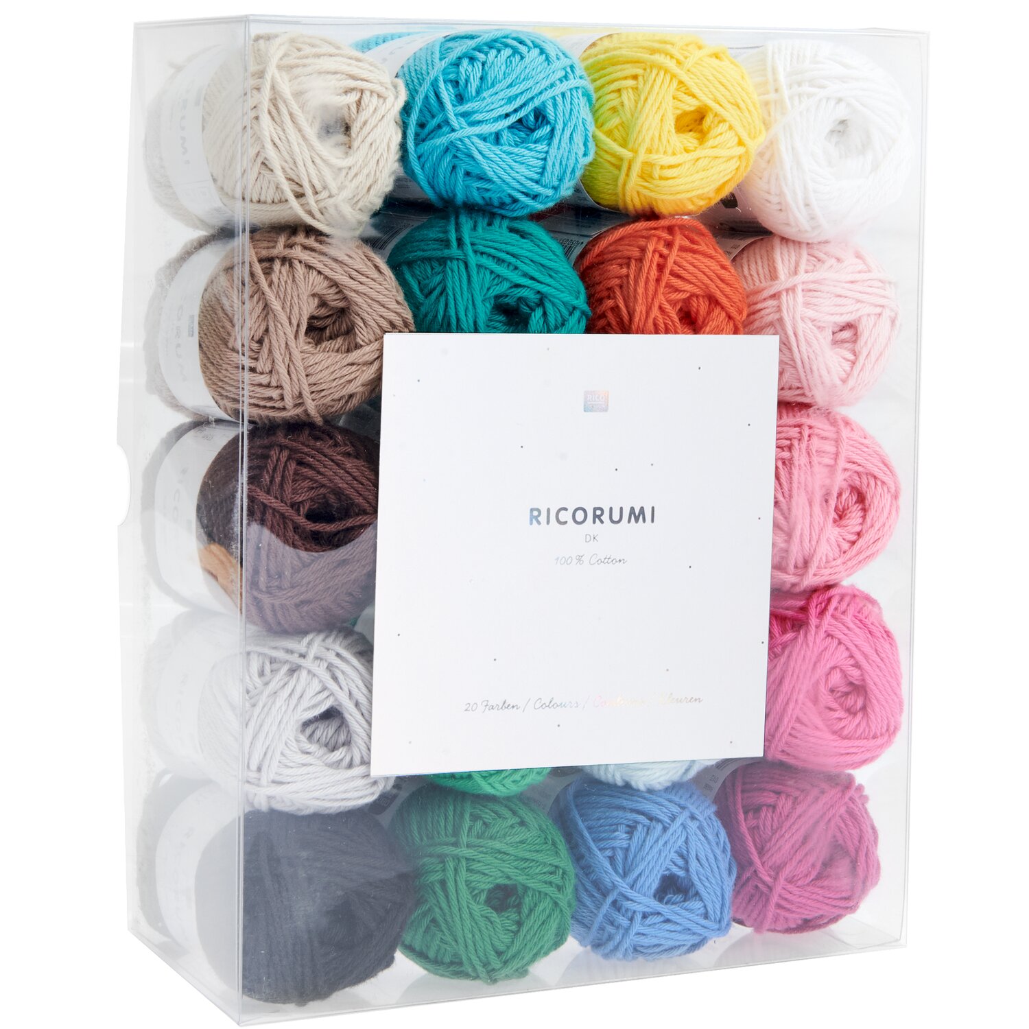 Creative Ricorumi dk Set mit 20x25g Baumwollgarnknäueln in vielfältigen Farbtönen in transparenter Box von Rico Design für kreative Häkelprojekte