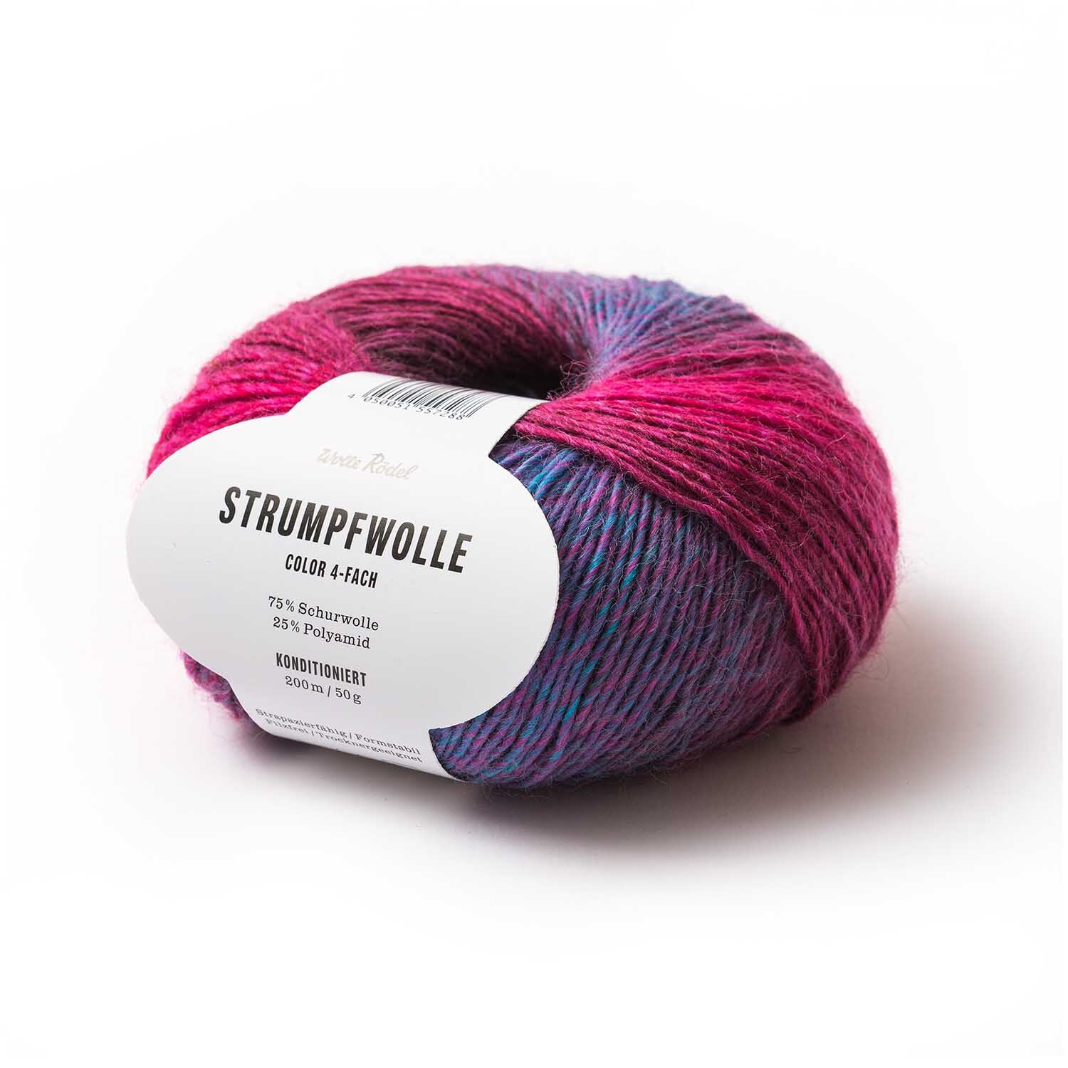 Strumpfwolle Color in Pink-Hellblau von Wolle Rödel, 50g Knäuel, ideal für kreative Strickprojekte.