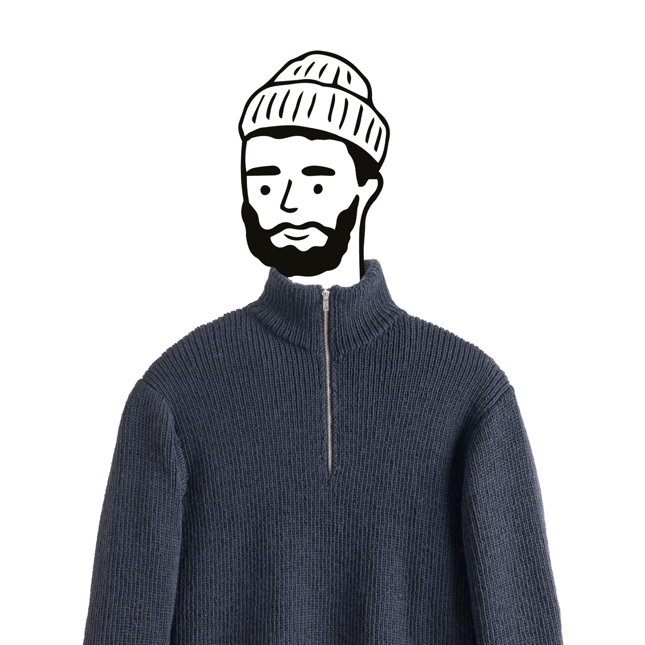 Schwarz-weiß gezeichneter Mann trägt Strickpullover mit Reißverschluss