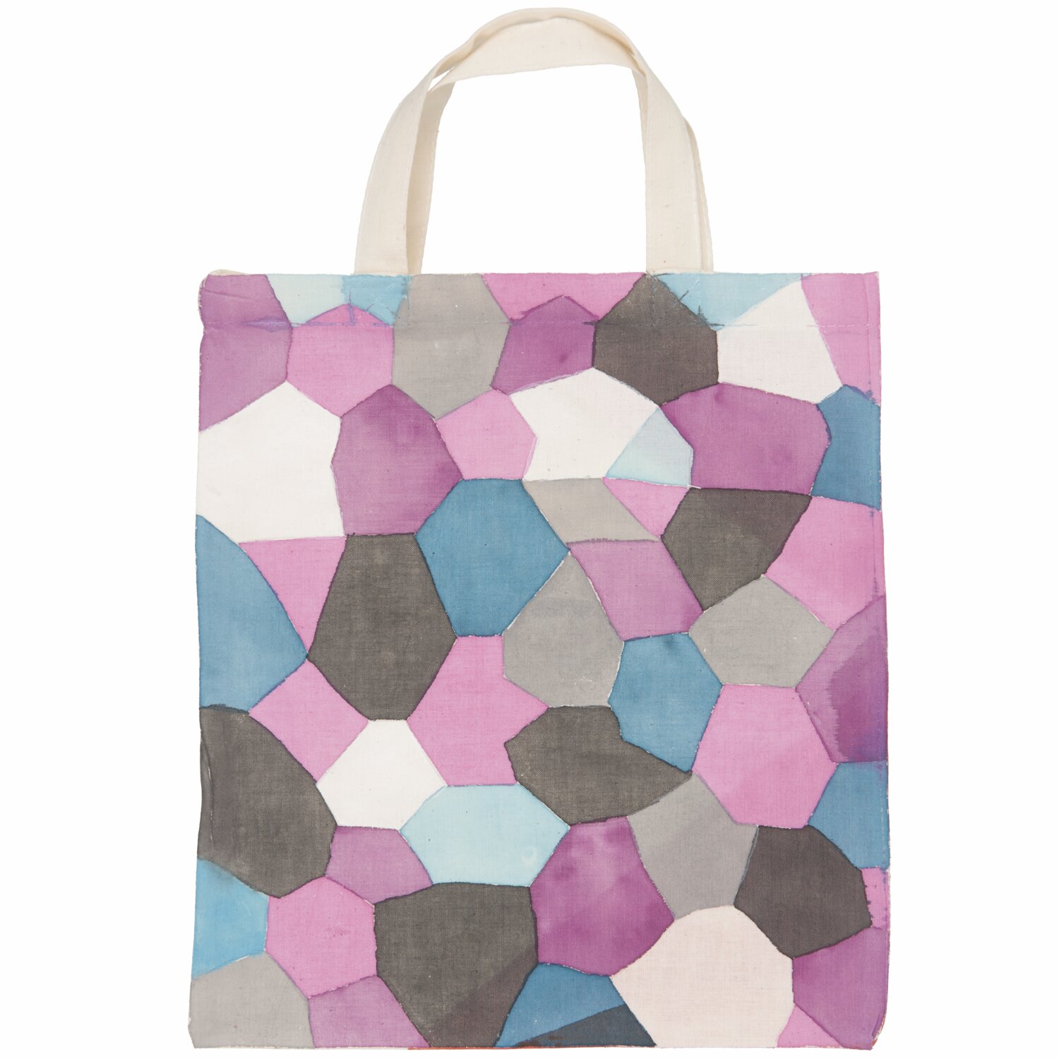Textilfarben fashion: Bunte Stofftasche mit geometrischem Muster in Rosa, Blau und Grau.