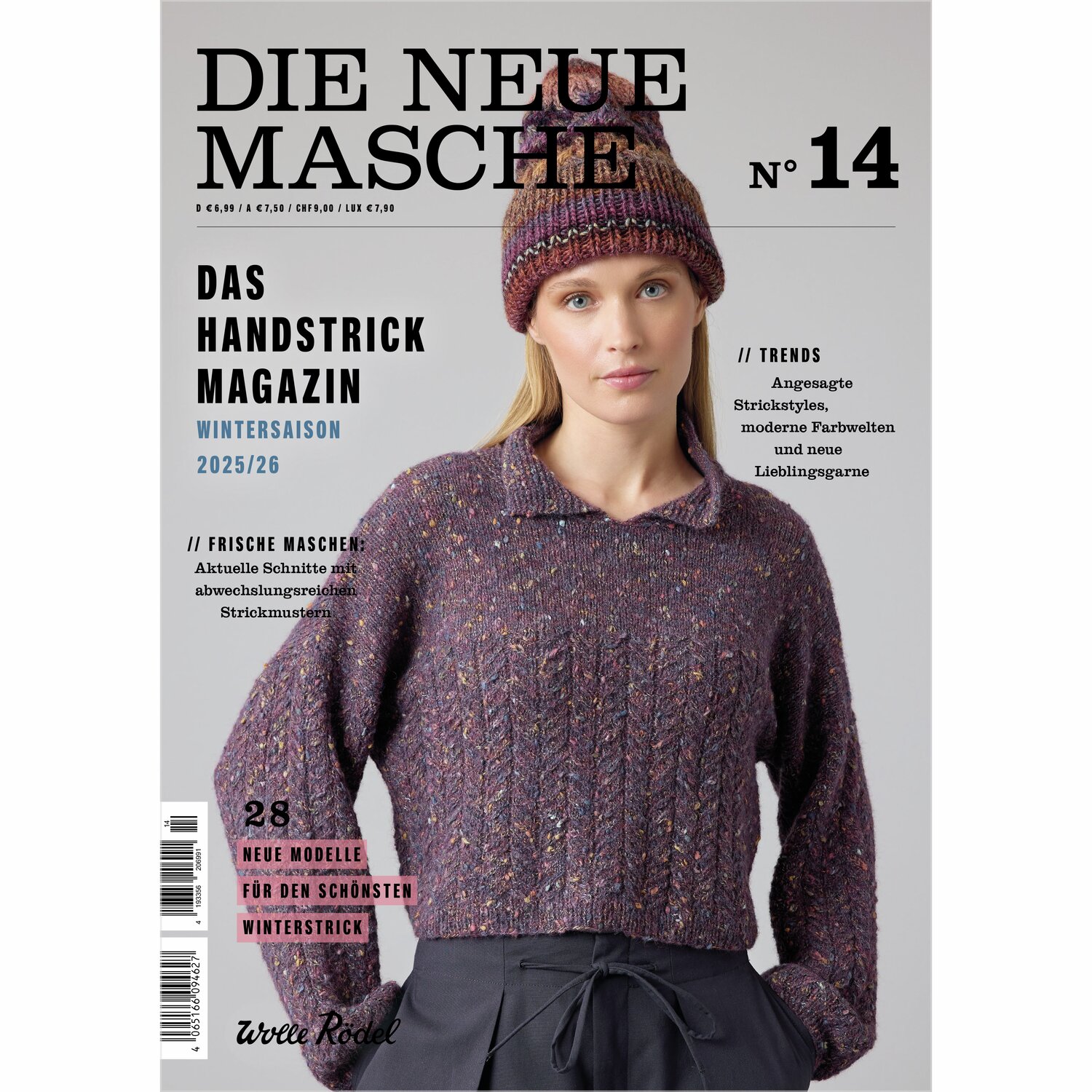 Die Neue Masche No. 14 Winter: Frau in lila Strickpullover und Mütze von Wolle Rödel.
