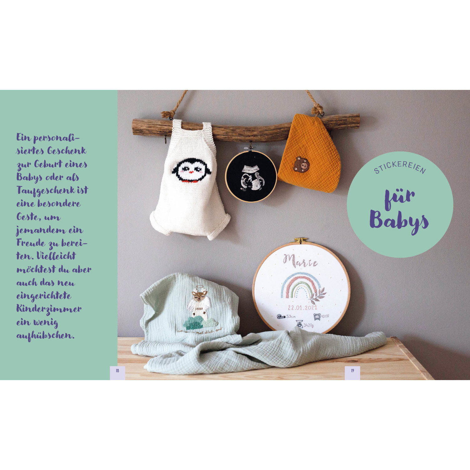 Hello Little One – Süße Stickmotive: Gestickte Baby-Accessoires in sanften Farben, ideal als personalisierte Geschenke zur Geburt.