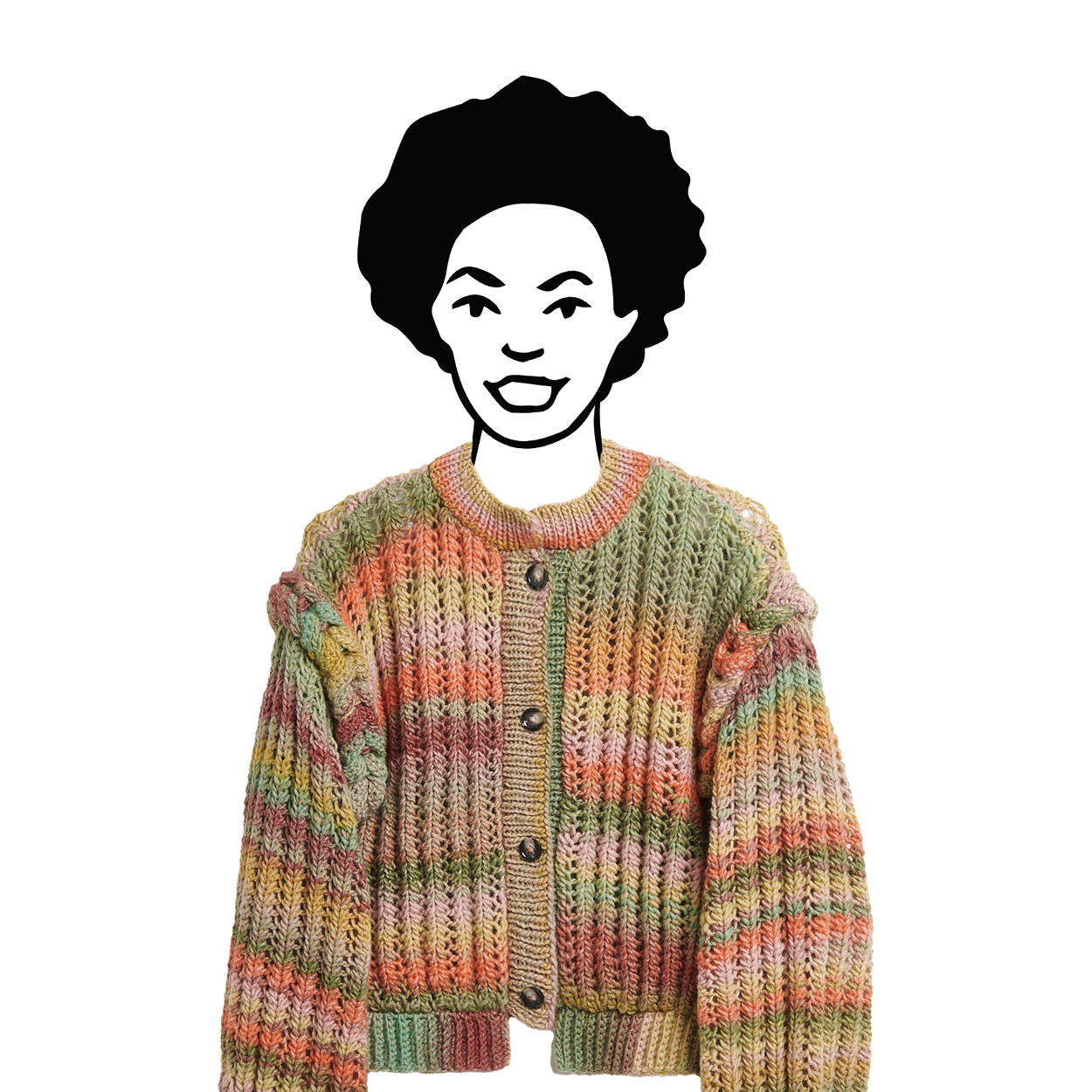 Eine schwarz-weiß gezeichnete Frau trägt eine mehrfarbige, gehäkelte und gestrickte Jacke.