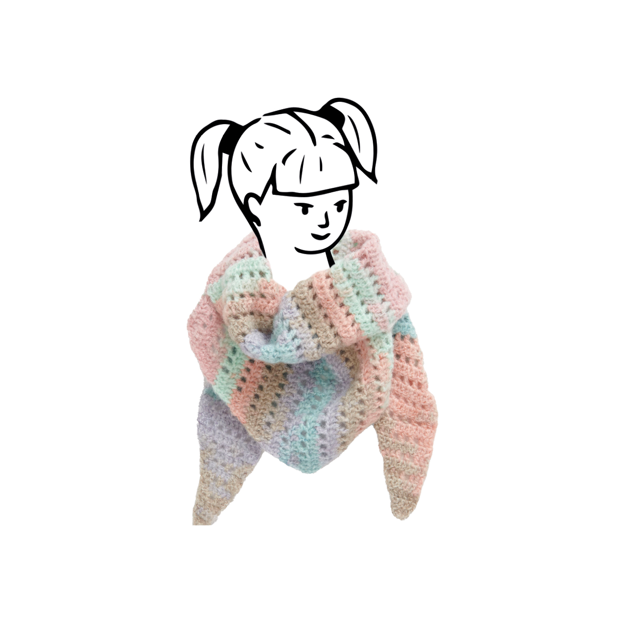 Ein schwarz-weiß gezeichnetes Mädchen trägt ein pastellfarbiges, gestricktes Dreieckstuch.