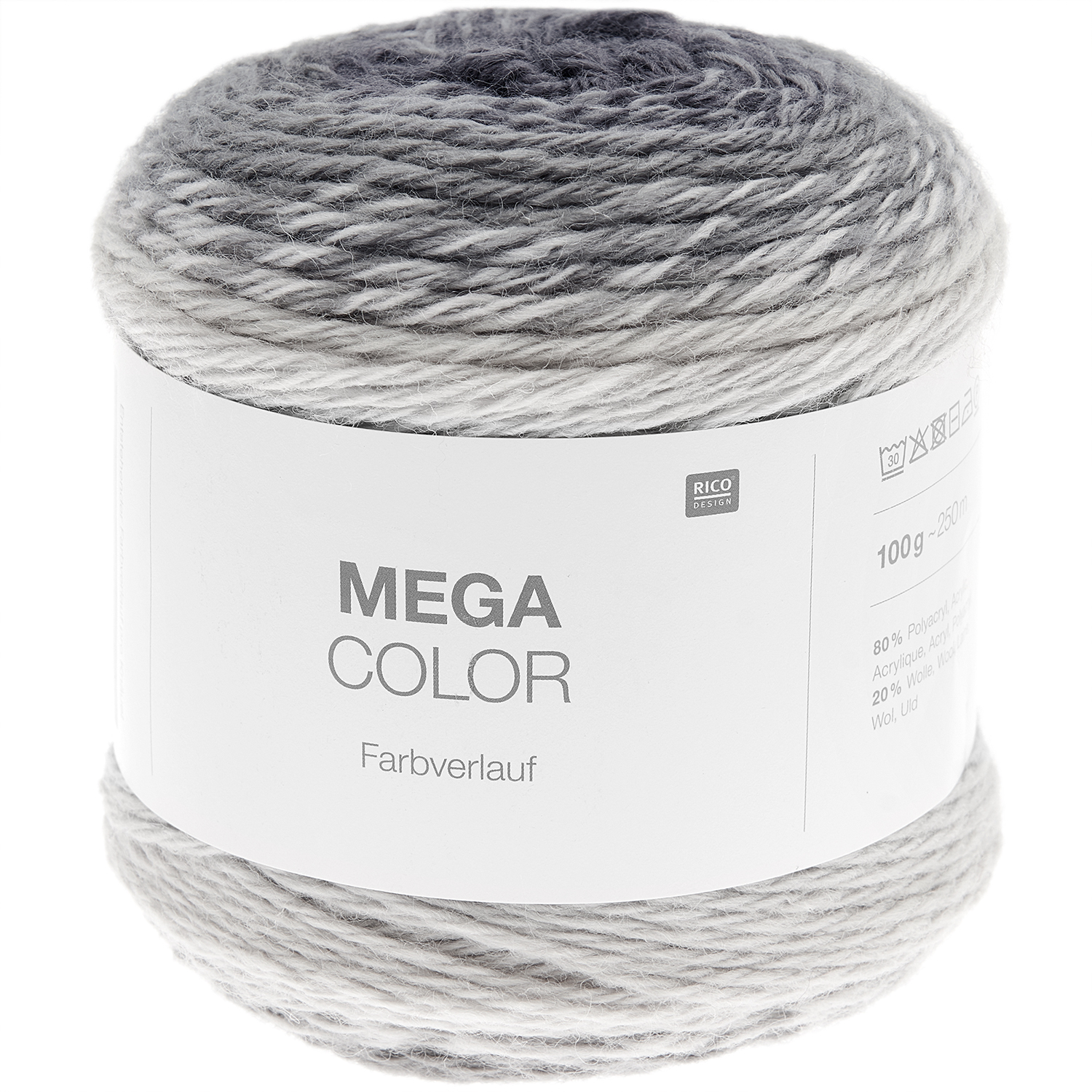 Mega Color: Graues Garn von Rico Design, 100g 250m, ideal für Strickprojekte mit Farbverlauf.