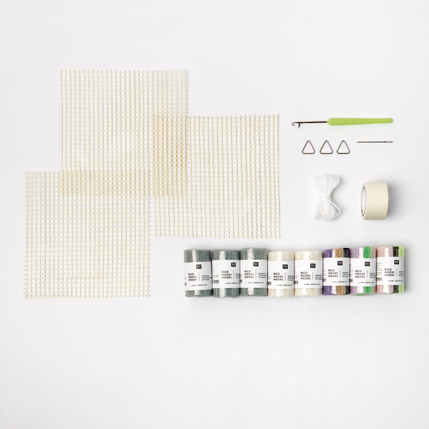 Rico Hooki Hooki Knüpfset Mamorbilder, Rico Design, Set mit drei 14x14cm Canvasplatten, Garnrollen in Naturtönen, Werkzeug und Aufhängern für DIY-Wandbilder