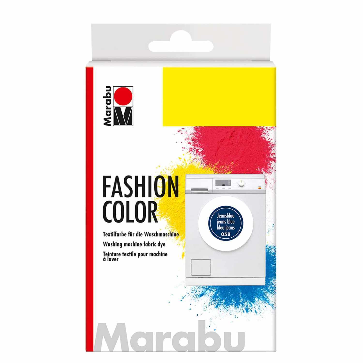 Fashion Color Textilfarbe Farbe Jeansblau von Marabu Fashion Color Textilfarbe von Marabu in Jeansblau, abgebildet auf einer Verpackung mit bunten Farbspritzern.