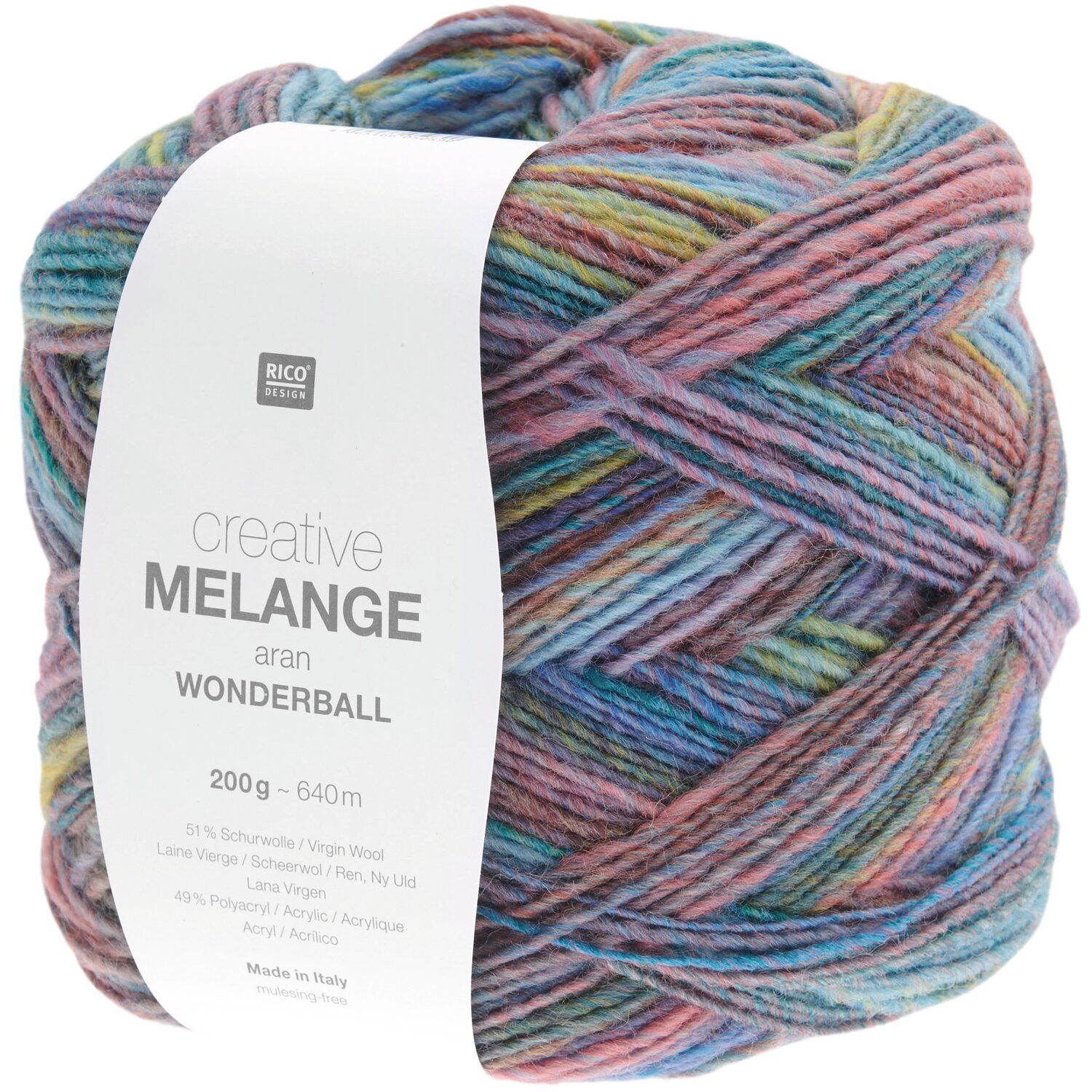 Creative Melange aran Wonderball: Bunter Wollknäuel von Rico Design, 200g, 640m, ideal für Strickprojekte.