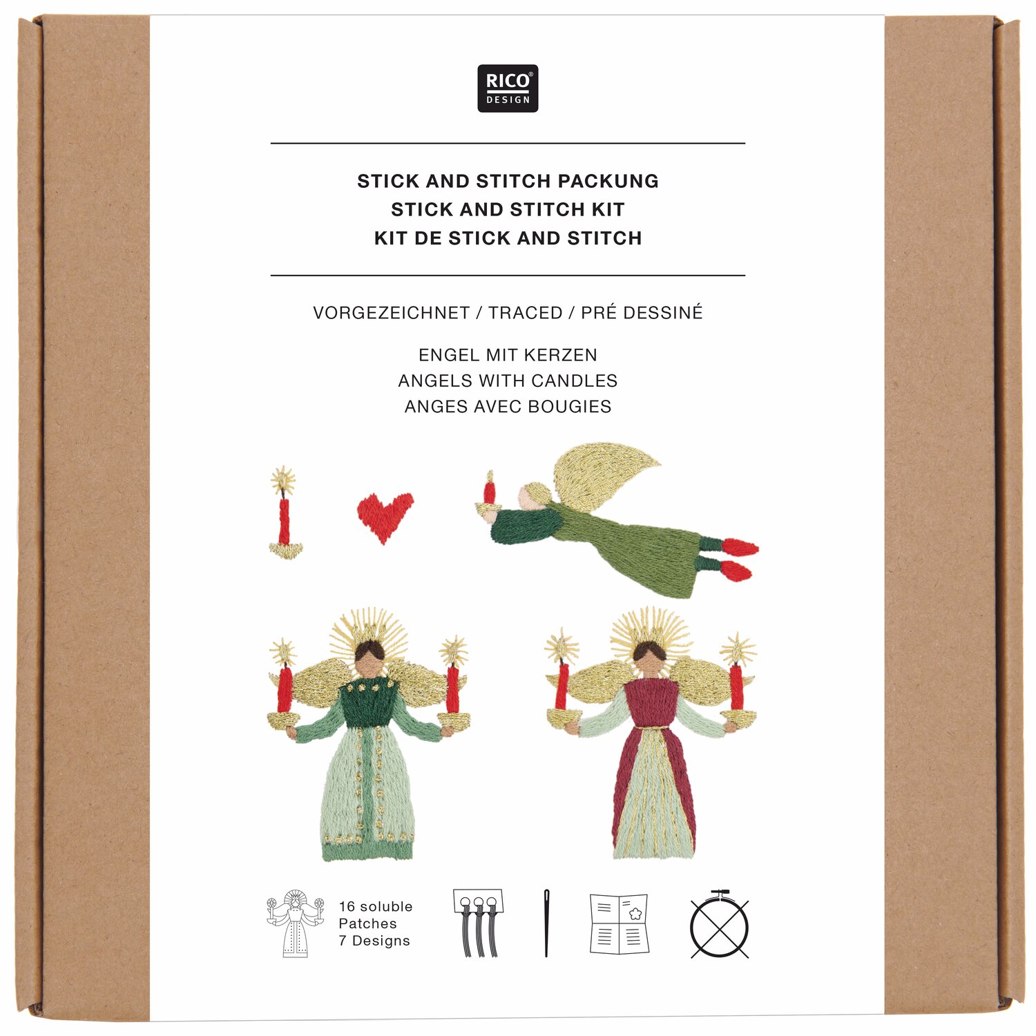 Stick & Stitch Stickpackung Engel mit Kerzen zeigt Engel mit Kerzen in verschiedenen Designs. Ideal für kreative Stickprojekte.