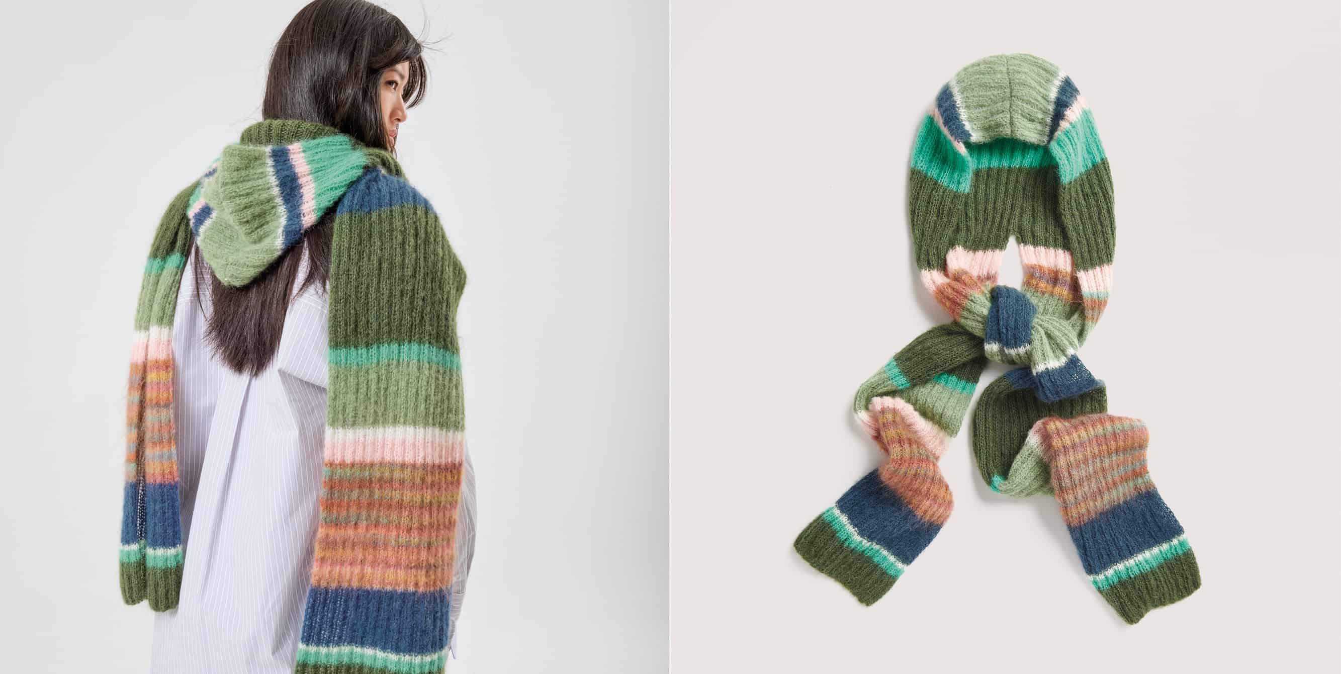 Gestrickter Kapuzenschal Modell 24 aus Made by Me No. 21 getragen an weiblichem Model und auf einem Bügel