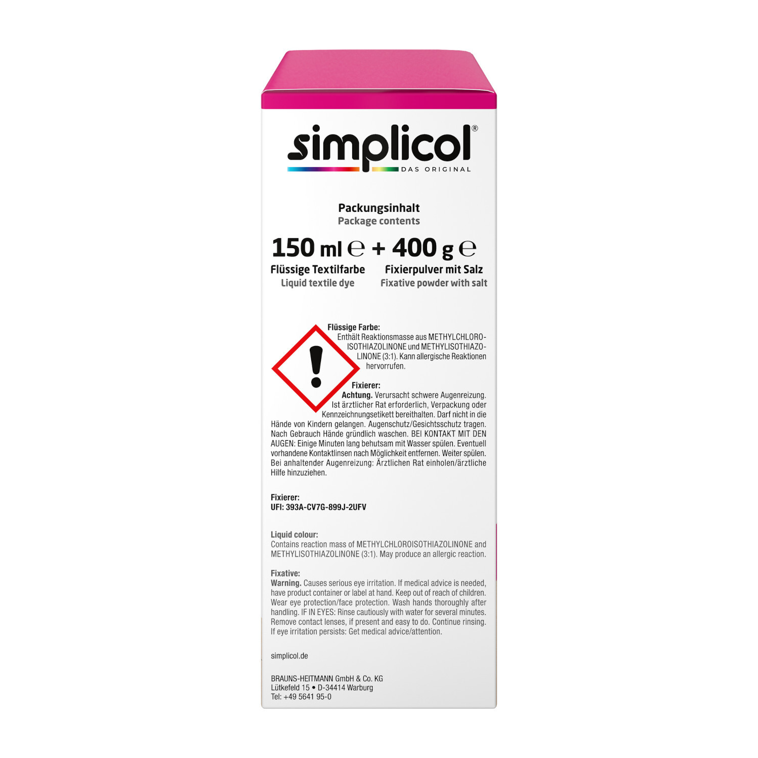 Textilfarbe intensiv 150ml von simplicol in Pinkberry. Flüssige Textilfarbe mit Fixierpulver.