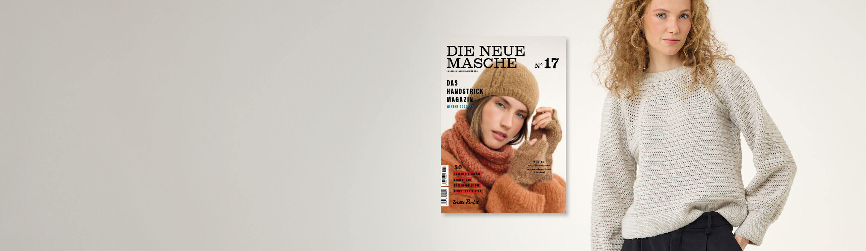 Banner mit Magazincover und Person in hellem Strickpullover vor neutralem Hintergrund