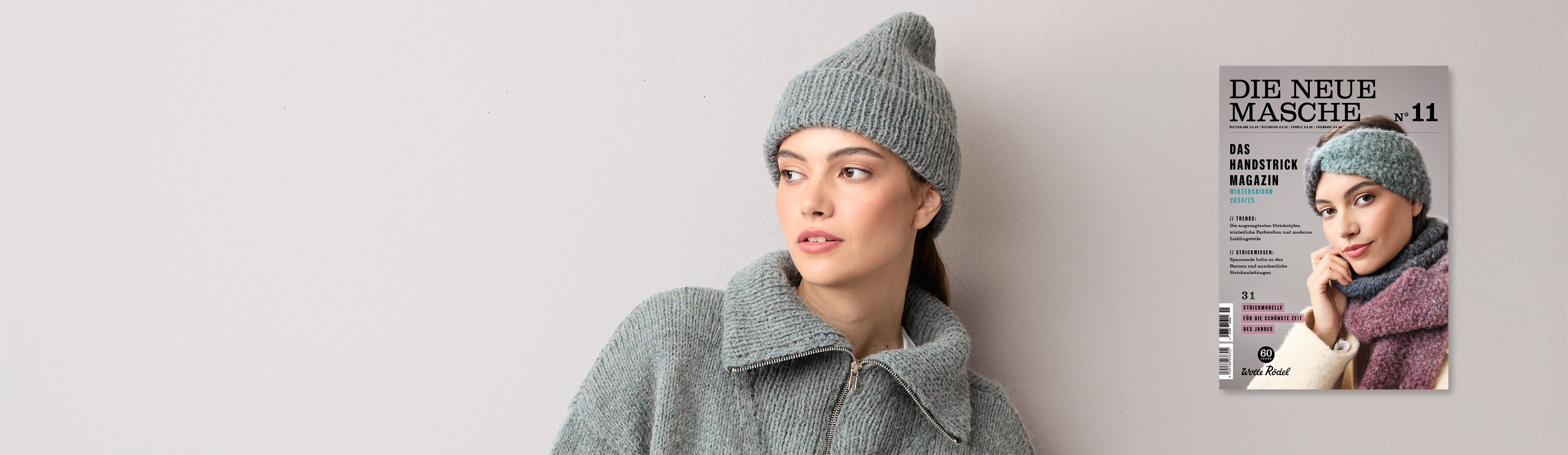 Model mit Strickmütze und Strickpullover mit hohem Kragen