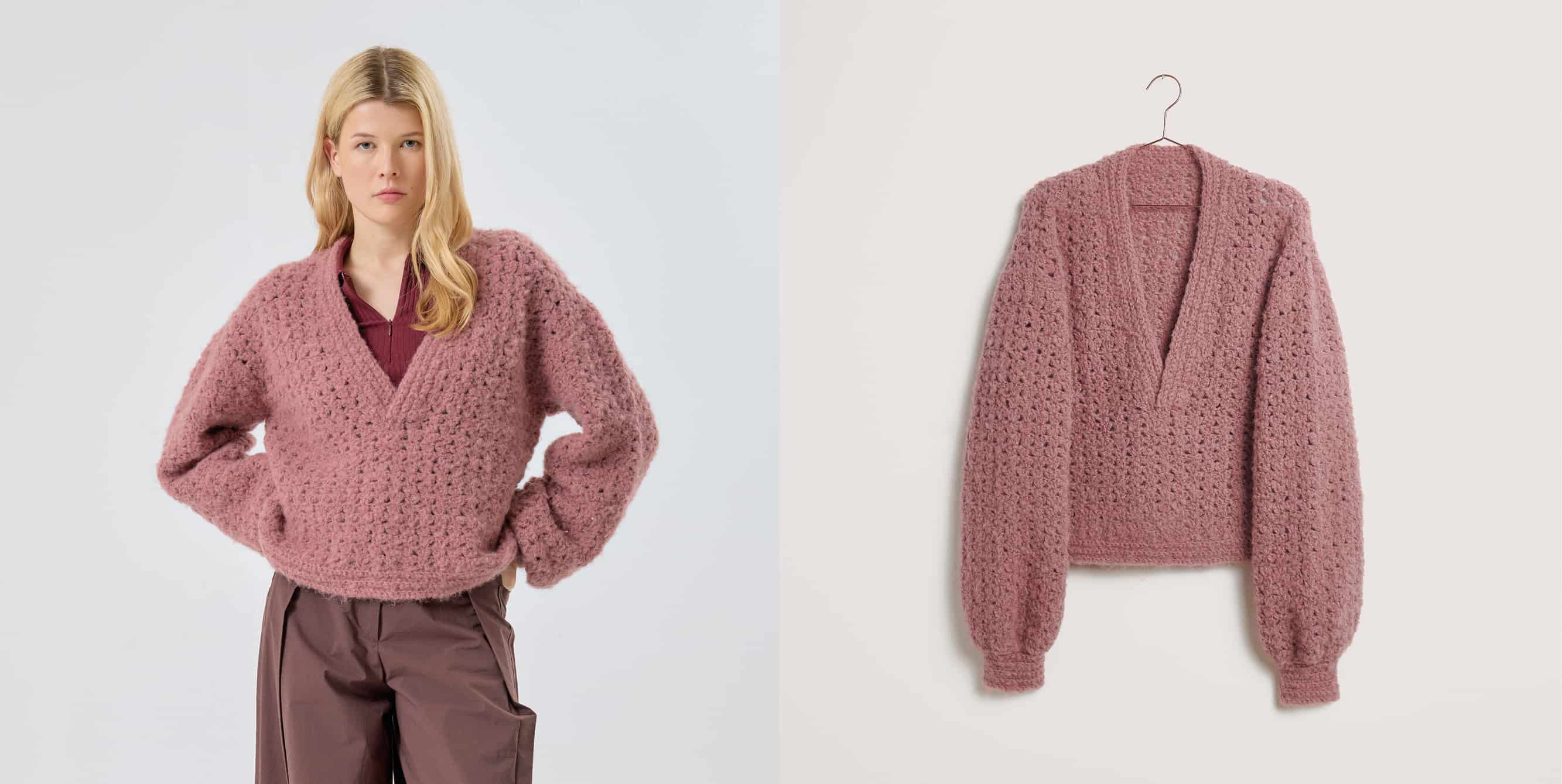 Gehäkelter Pullover Modell 36 aus Made by Me No. 21 getragen an weiblichem Model und auf einem Bügel