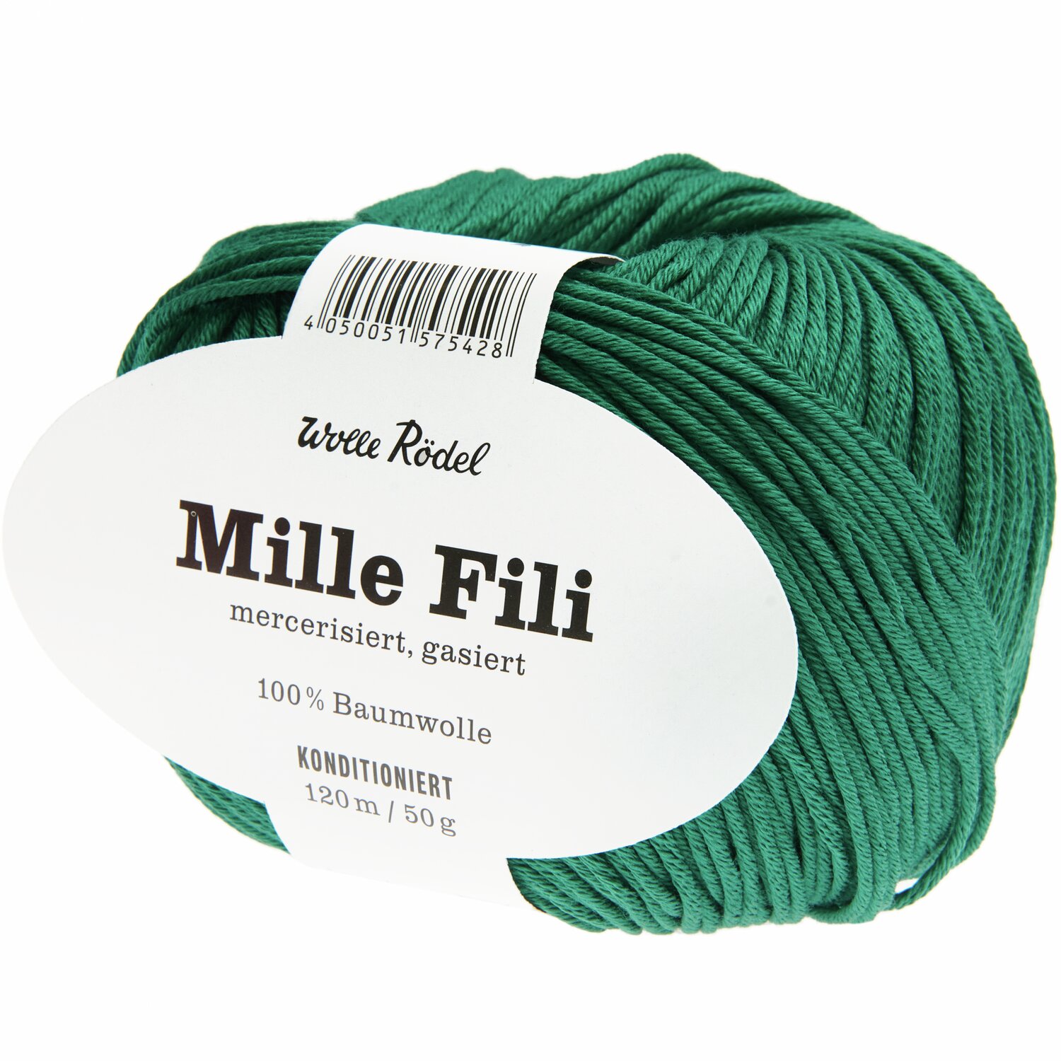 Mille Fili: Weiches, grünes Baumwollgarn von Wolle Rödel, ideal für Strickprojekte.