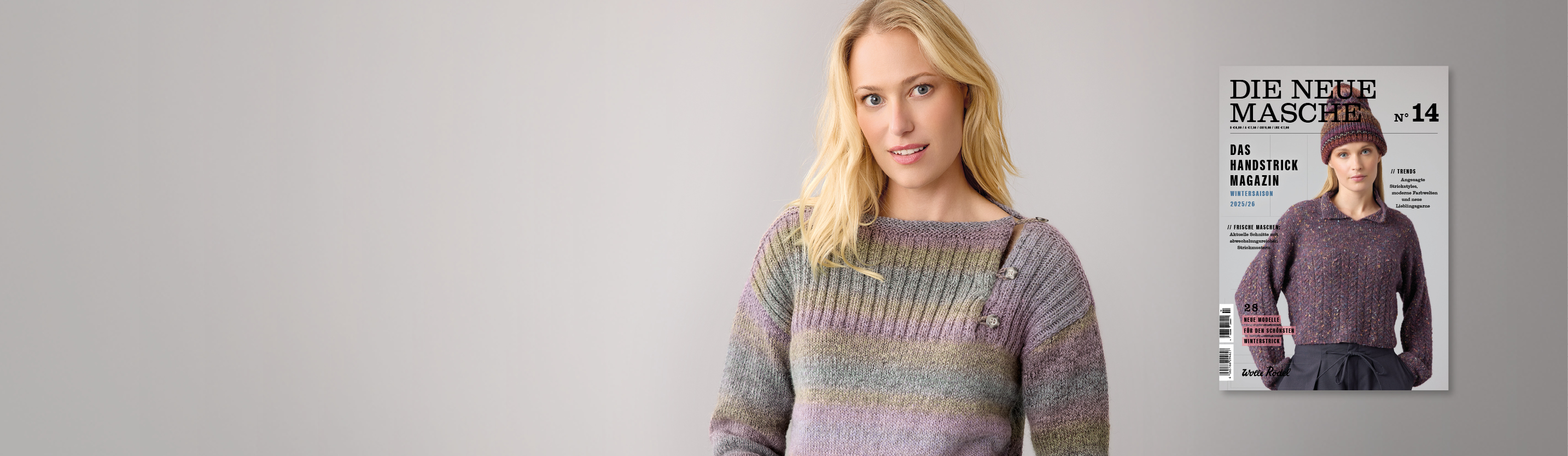 Eine Frau trägt einen gestrickten Pullover mit die Neue Masche 14 daneben