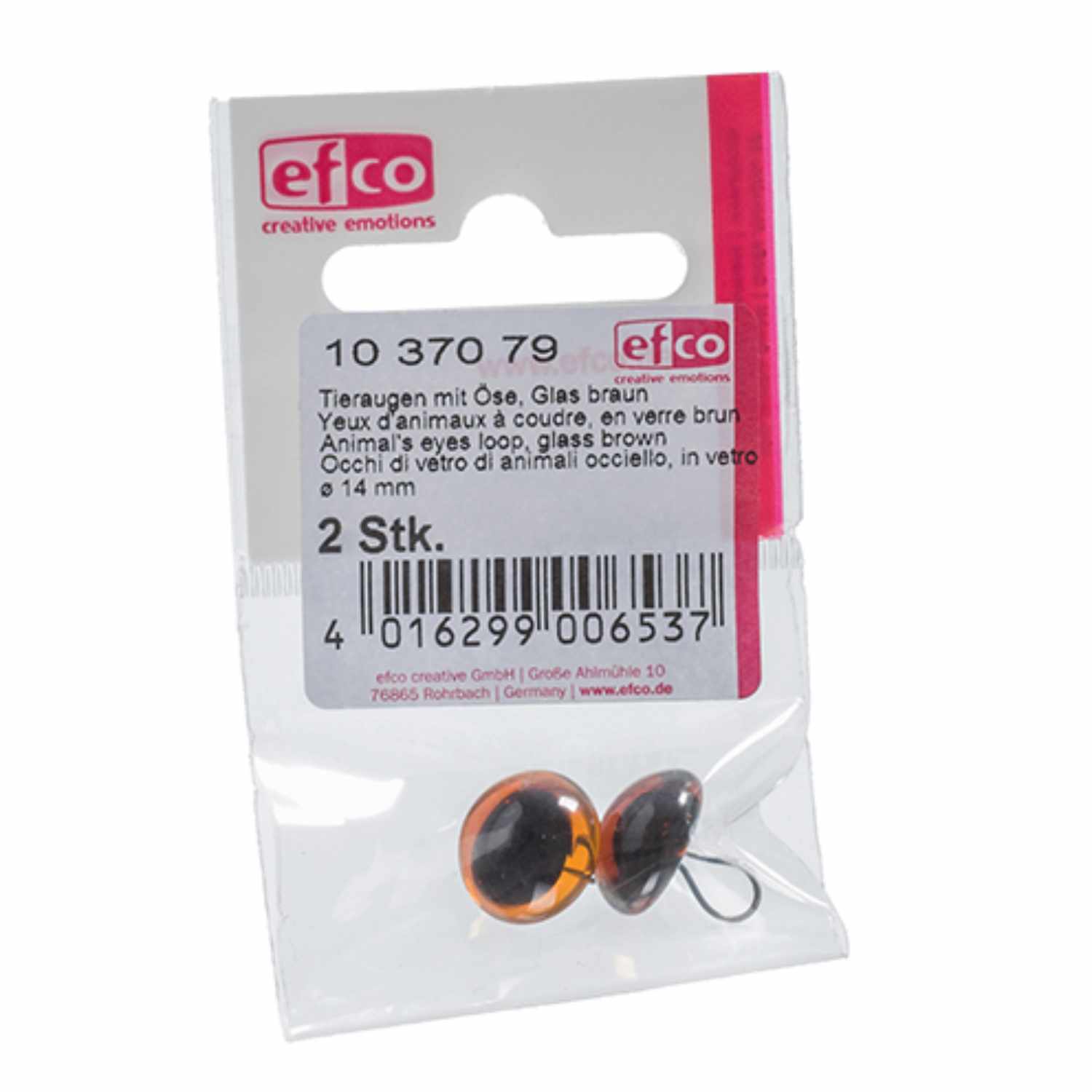 Tieraugen braun von efco in einer transparenten Verpackung mit zwei braunen Glasaugen und Öse.