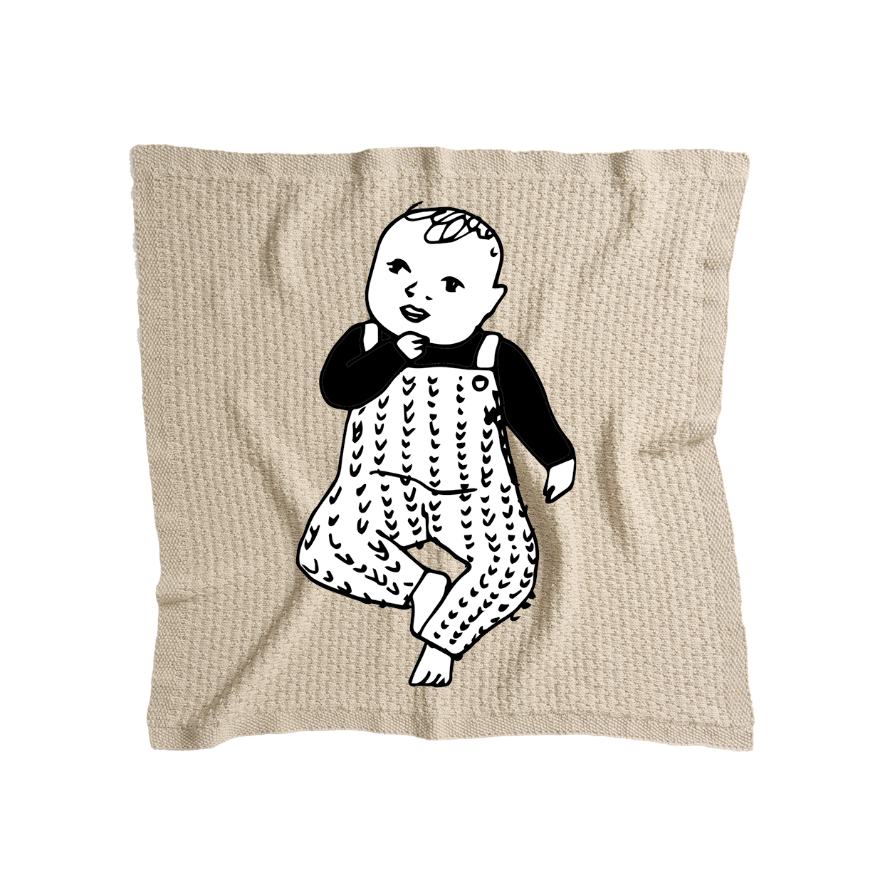 Schwarz-weiß gezeichnetes Baby liegt auf Strickdecke