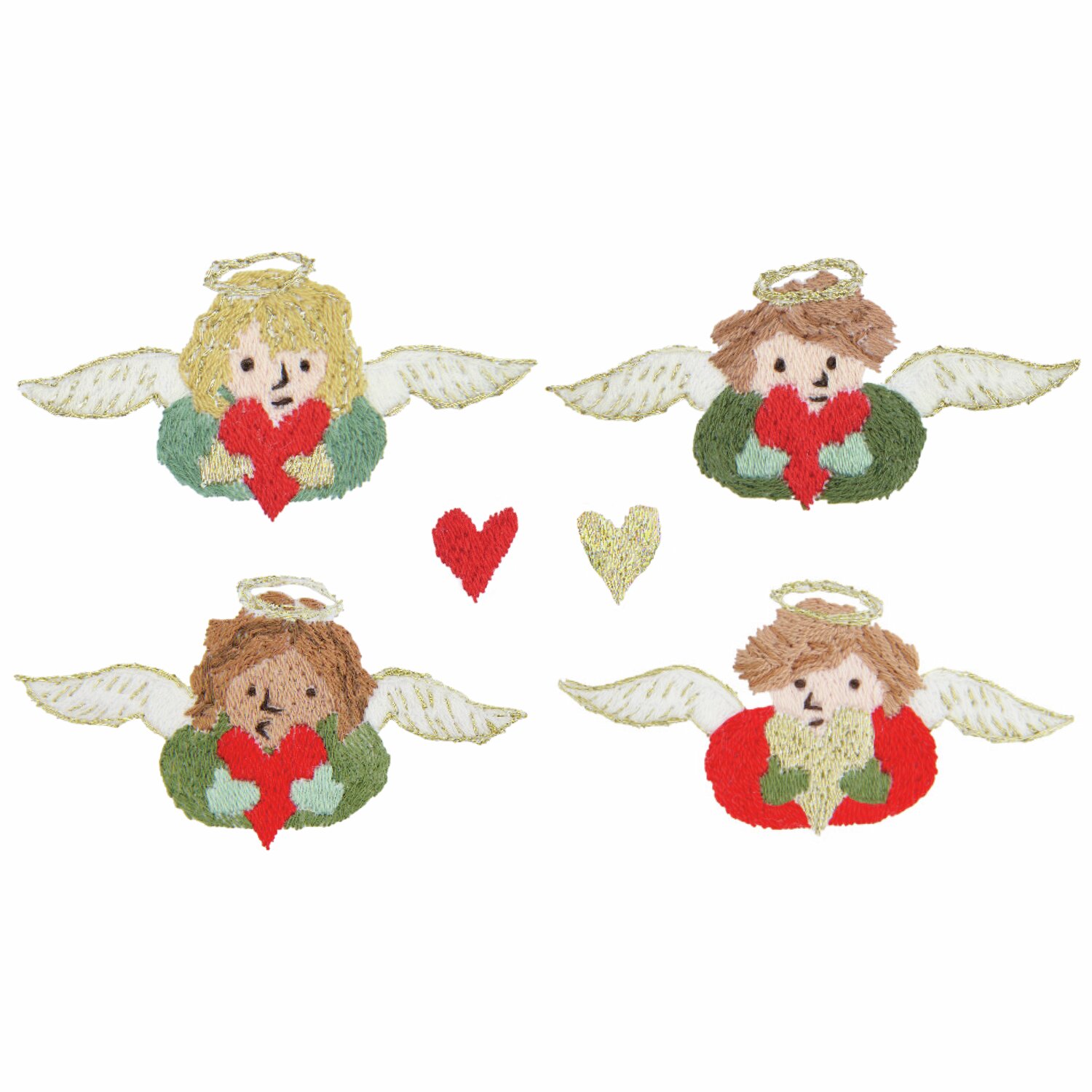 Stick & Stitch Stickpackung Engel mit Herzen zeigt vier Engel mit Flügeln, die rote Herzen halten. Marke: Rico Design.