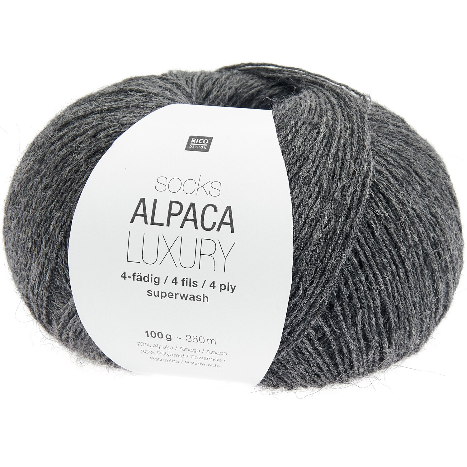 Socks Alpaca Luxury 4-fädig, graues Garn von Rico Design, 100g, 380m, ideal für Strickprojekte.