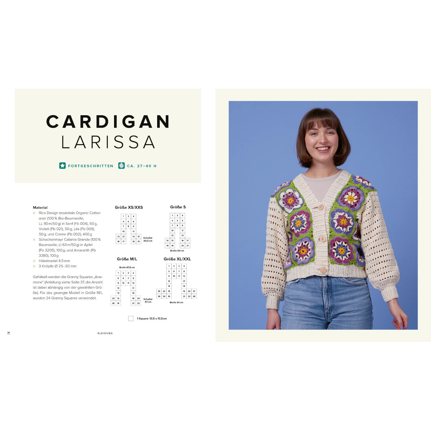 Granny Squares Quadratisch Praktisch von Edition Michael Fischer Granny Squares Quadratisch Praktisch: Frau trägt bunten Cardigan Larissa mit Häkelmuster vor blauem Hintergrund.