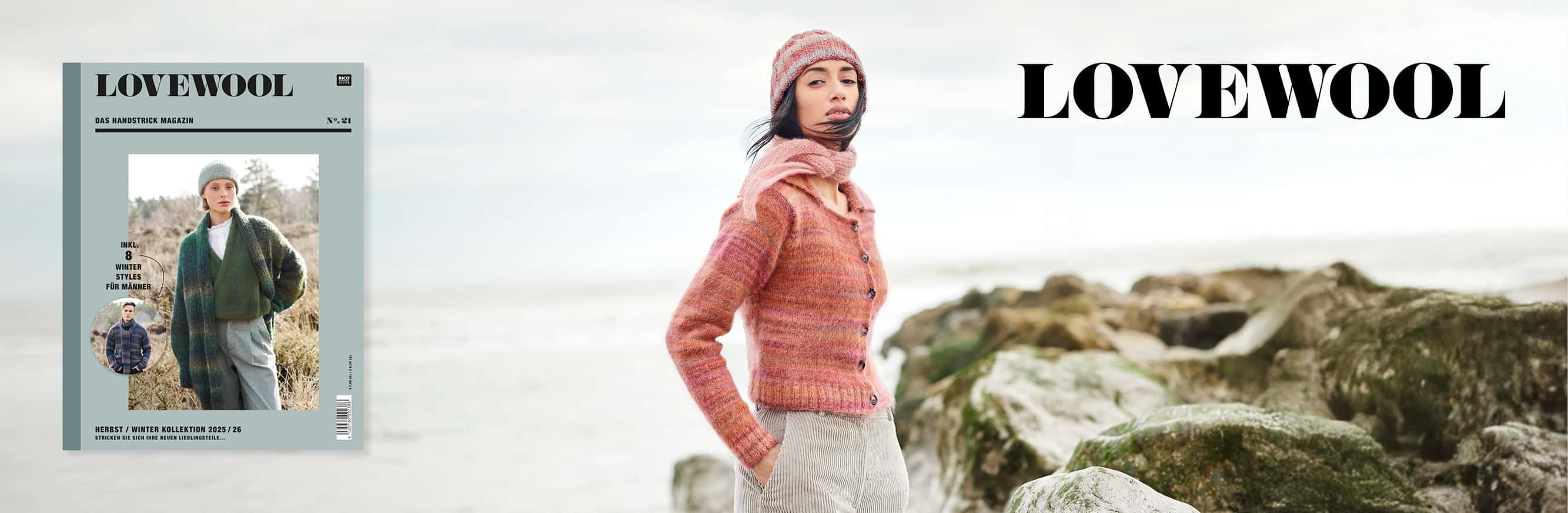 Frau trägt Strickmodelle aus Lovewool No. 21 in Outdoor-Umgebung. Daneben ein Cover des Handstrick Magazins Lovewool No. 21 und Logo